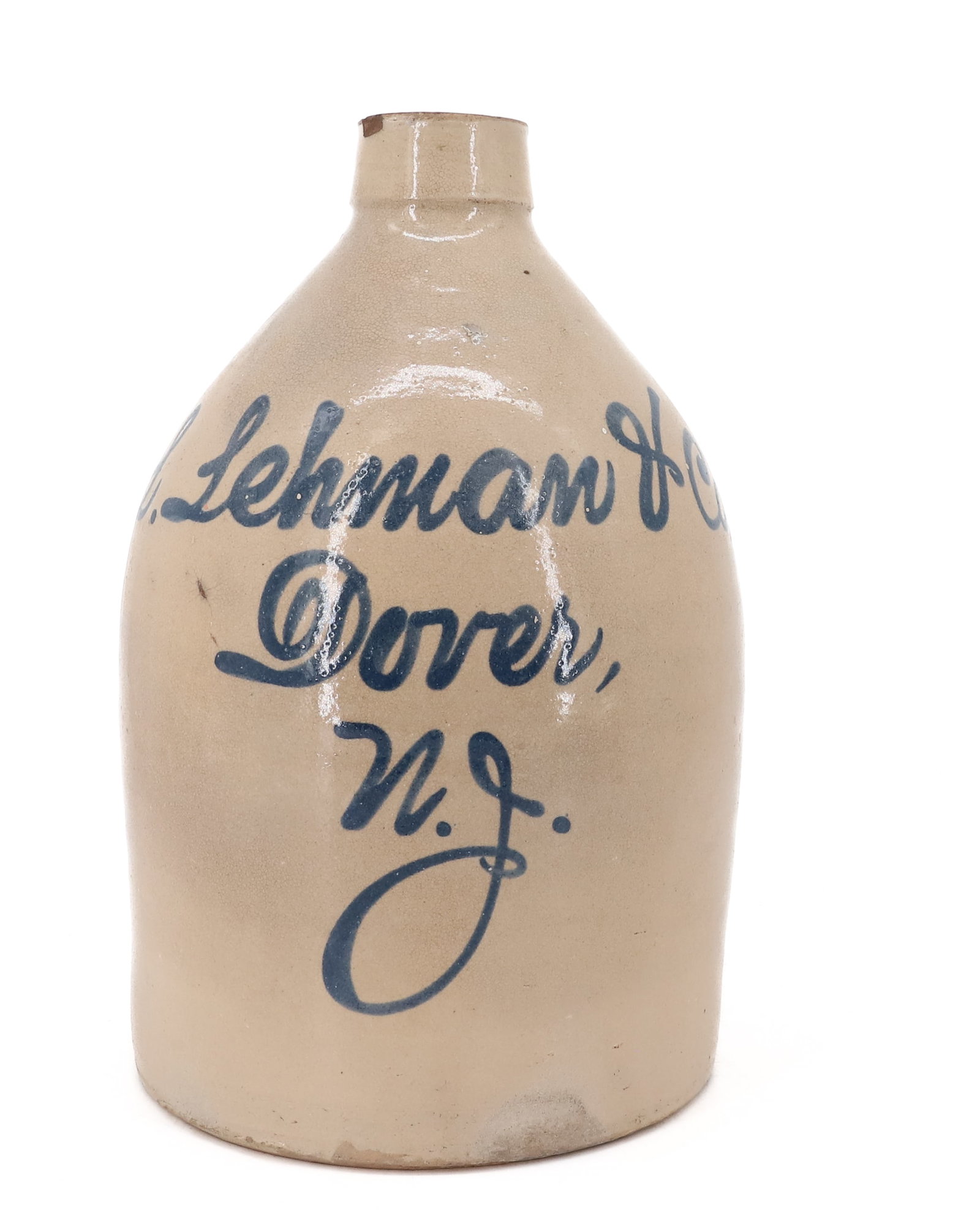 DOVER, NJ STONEWARE ADVERTISING JUG: L. LEHMAN & CO. DOVER, N.J. 11" H. PLEASE READ CAREFULLY - ITEMS MUST BE PAID FOR THROUGH LIVE AUCTIONEERS OR WITH CASH OR CHECK IN PERSON - Terms for Purchasing and Shipping of Auction Items. Please