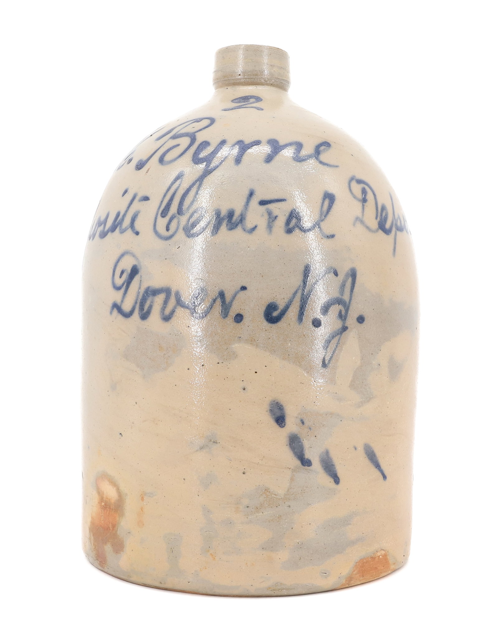 DOVER, NEW JERSEY BLUE DECORATED SCRIPT JUG: 2 GALLON, MARKED; M. BYRNE, OPPOSITE CENTRAL DEPOT, DOVER, NJ - 13" H PLEASE READ CAREFULLY - ITEMS MUST BE PAID FOR THROUGH LIVE AUCTIONEERS OR WITH CASH OR CHECK IN PERSON - Terms for Purchasing and
