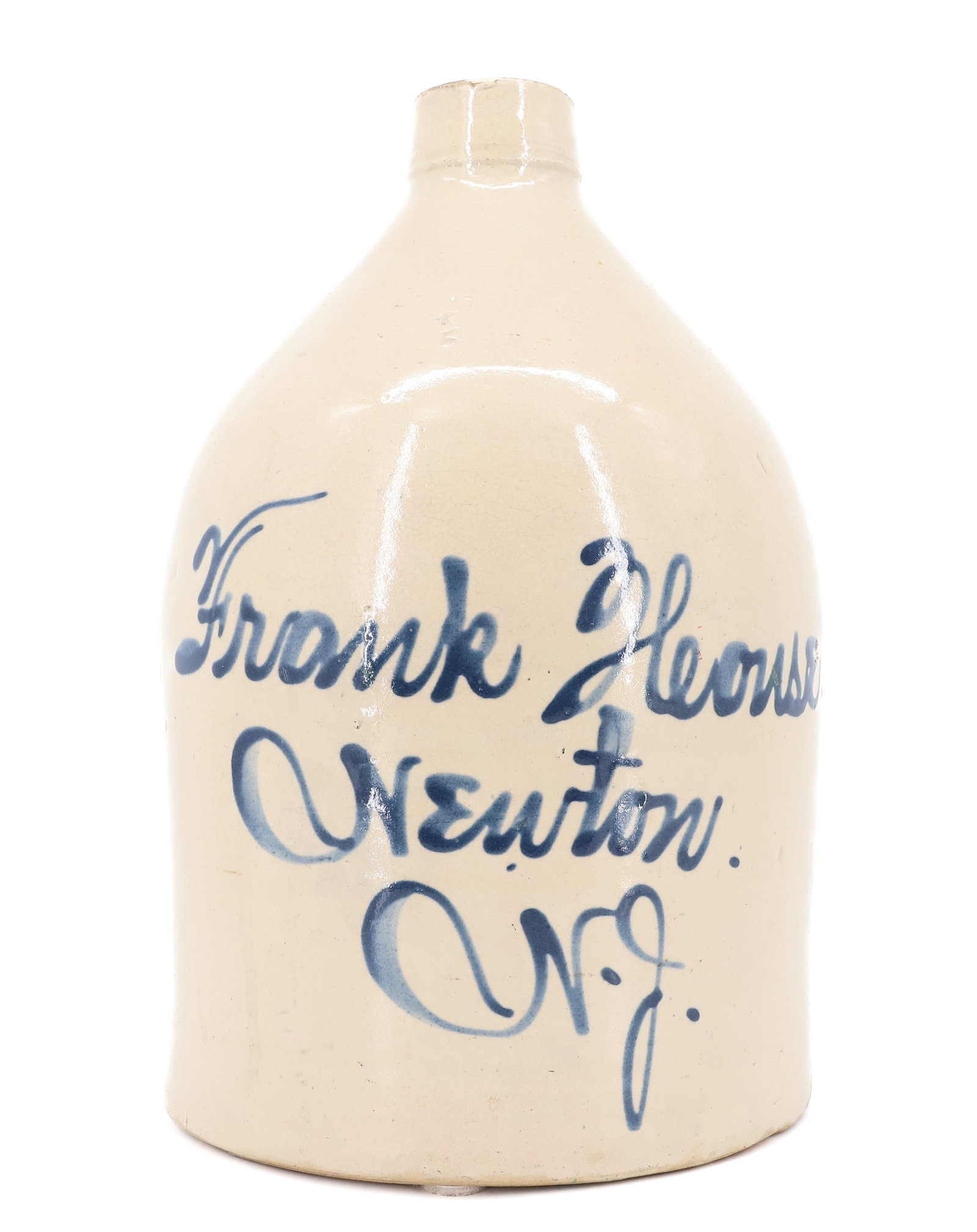 NEWTON, NEW JERSEY BLUE DECORATED SCRIPT JUG: 2 GALLON, MARKED; FRANK HOUSE, NEWTON, NJ - 13 3/4" PLEASE READ CAREFULLY - ITEMS MUST BE PAID FOR THROUGH LIVE AUCTIONEERS OR WITH CASH OR CHECK IN PERSON - Terms for Purchasing and Shipping of Aucti