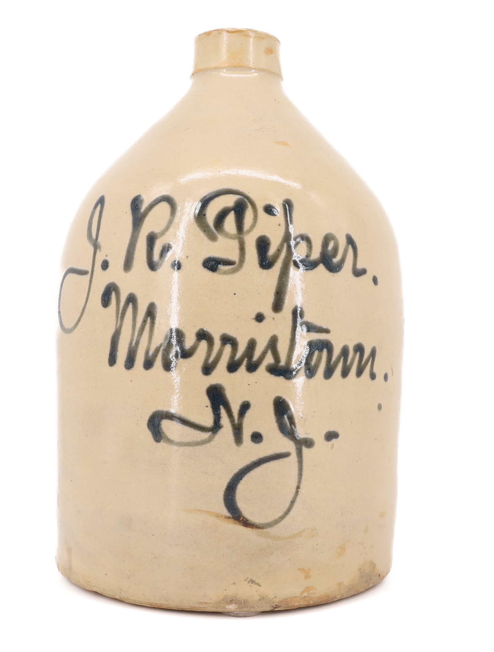 MORRISTOWN, NEW JERSEY BLUE DECORATED SCRIPT JUG: BLUE-GREEN DECORATED SCRIPT JUG, 2 GALLON, MARKED; J.R. PIPER - 14 1/4" PLEASE READ CAREFULLY - ITEMS MUST BE PAID FOR THROUGH LIVE AUCTIONEERS OR WITH CASH OR CHECK IN PERSON - Terms for Purchasing a