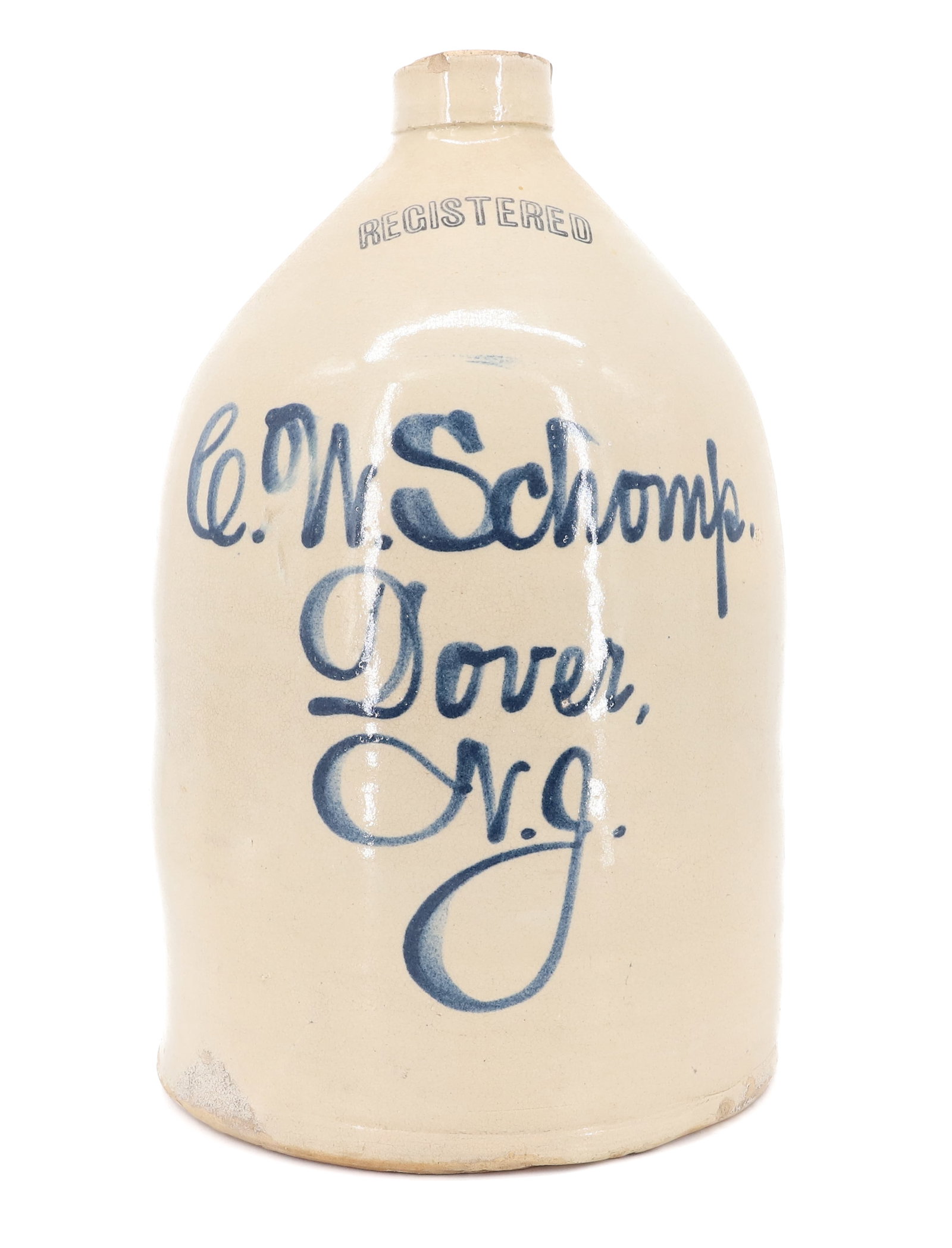 DOVER, NEW JERSEY BLUE DECORATED SCRIPT JUG: MARKED; C.W. SCHOMP, DOVER, NJ - STAMPED AT TOP "REGISTERED" - 14" H PLEASE READ CAREFULLY - ITEMS MUST BE PAID FOR THROUGH LIVE AUCTIONEERS OR WITH CASH OR CHECK IN PERSON - Terms for Purchasing and 