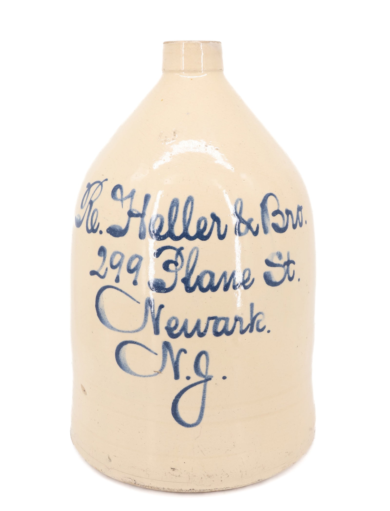 NEWARK, NEW JERSEY BLUE SCRIPT JUG: LARGE SIZE, R. HELLER & BRO. 299 PLANE ST. - 18" PLEASE READ CAREFULLY - ITEMS MUST BE PAID FOR THROUGH LIVE AUCTIONEERS OR WITH CASH OR CHECK IN PERSON - Terms for Purchasing and Shipping of Auction 
