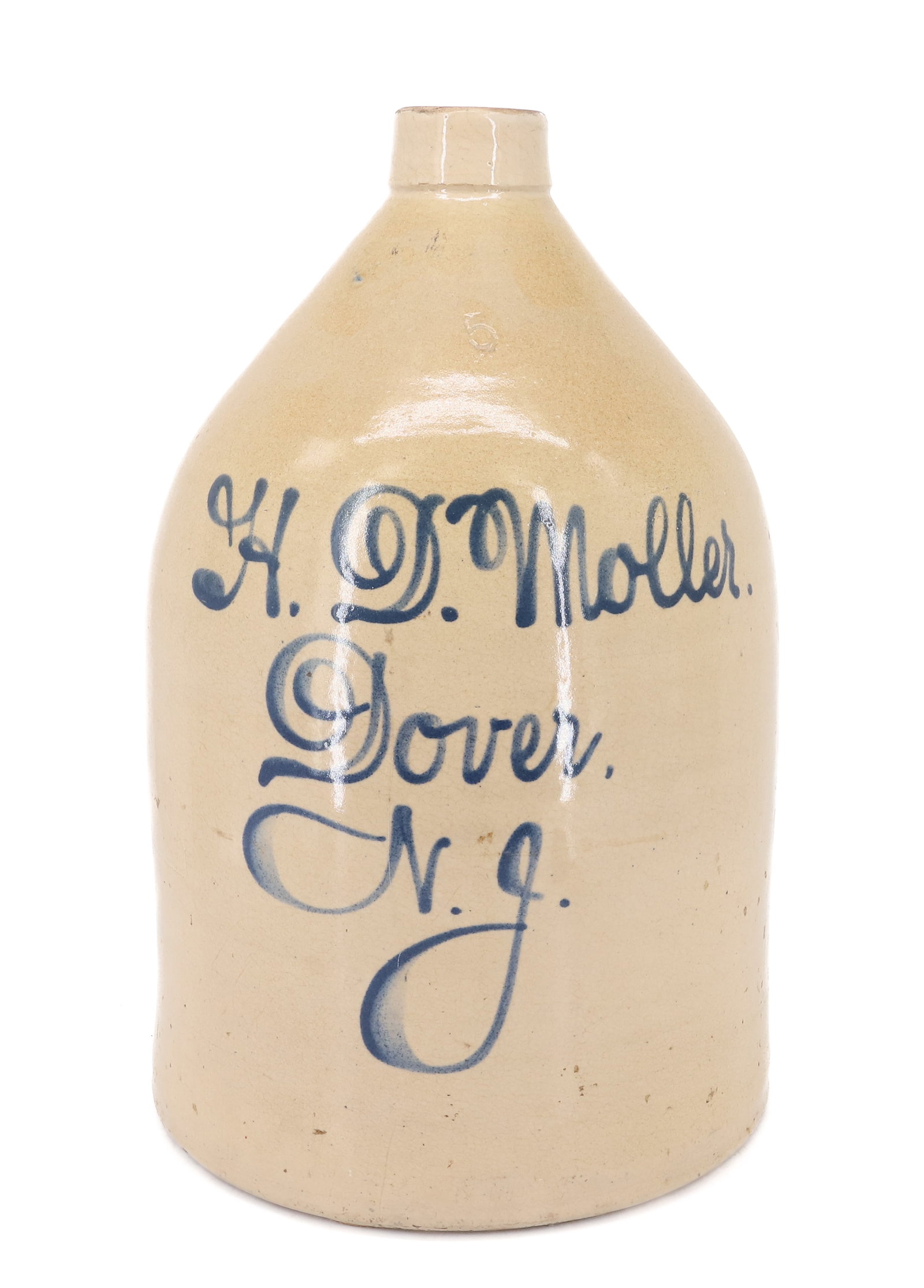 DOVER, NEW JERSEY BLUE DECORATED SCRIPT JUG: 5 GALLON, H. D. MOLLER, DOVER, NEW JERSEY - 18 1/2" H PLEASE READ CAREFULLY - ITEMS MUST BE PAID FOR THROUGH LIVE AUCTIONEERS OR WITH CASH OR CHECK IN PERSON - Terms for Purchasing and Shipping of Auc