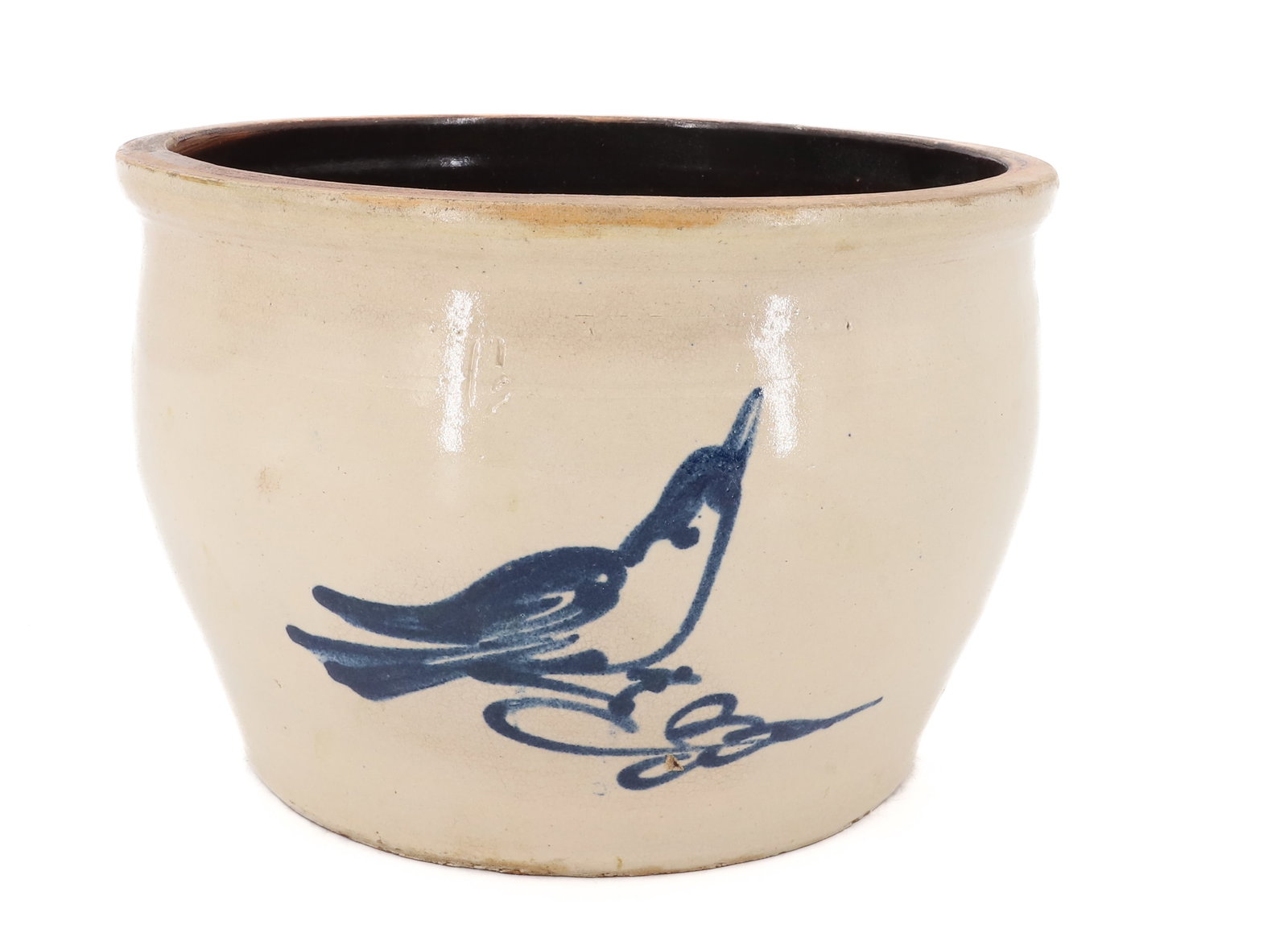 BLUE DECORATED BIRD CROCK: 1 1/2 GALLON WITH BLUE BIRD. 7" X 10 3/8". PLEASE READ CAREFULLY - ITEMS MUST BE PAID FOR THROUGH LIVE AUCTIONEERS OR WITH CASH OR CHECK IN PERSON - Terms for Purchasing and Shipping of Auction Items.