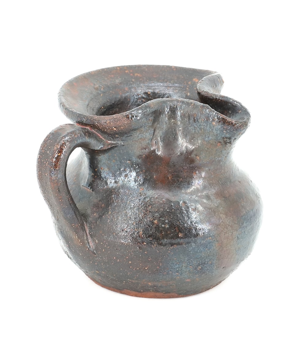 MINIATURE REDWARE PITCHER: SQUATTY PITCHER IN BROWN GLAZE, WITH SIDE SPOUT - 2 1/8" PLEASE READ CAREFULLY - ITEMS MUST BE PAID FOR THROUGH LIVE AUCTIONEERS OR WITH CASH OR CHECK IN PERSON - Terms for Purchasing and Shipping of