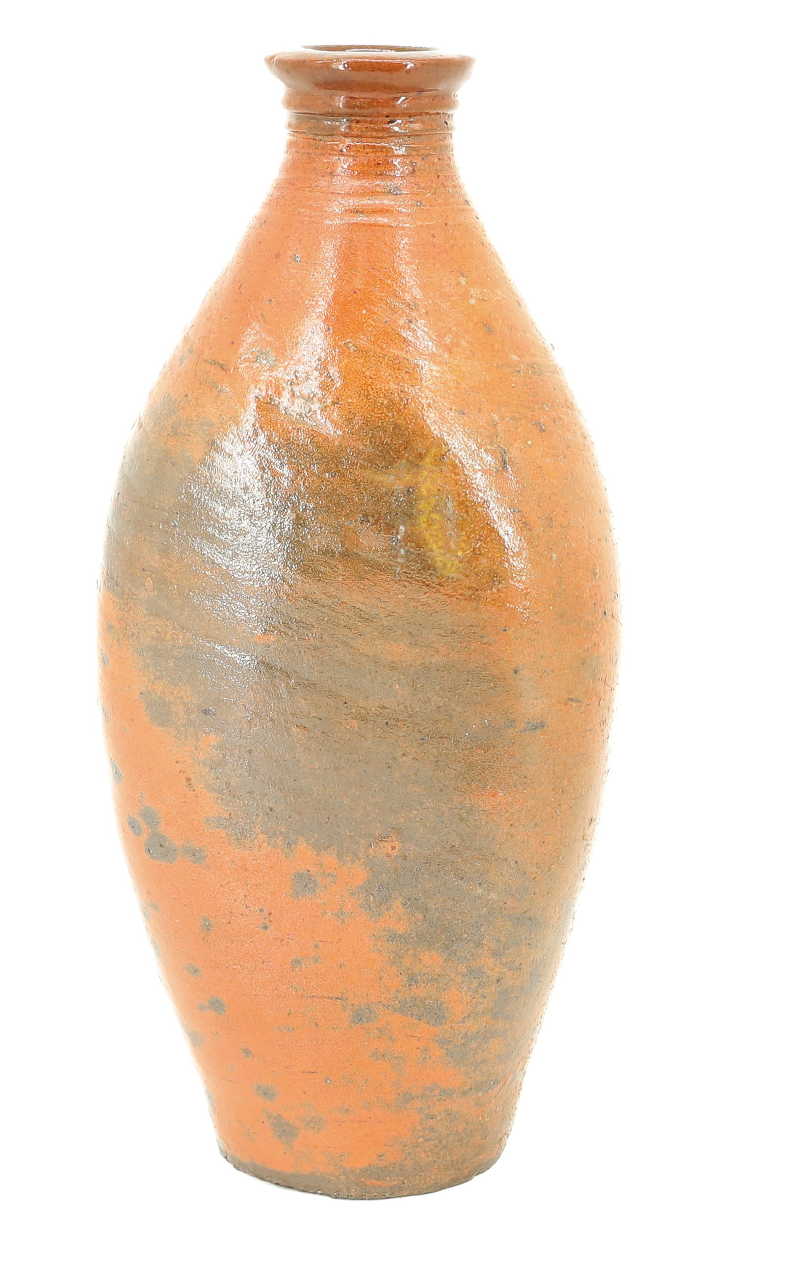 GLAZED STONEWARE BOTTLE: TOOLED NECK, ORANGE GLAZE, 8" H PLEASE READ CAREFULLY - ITEMS MUST BE PAID FOR THROUGH LIVE AUCTIONEERS OR WITH CASH OR CHECK IN PERSON - Terms for Purchasing and Shipping of Auction Items. Please