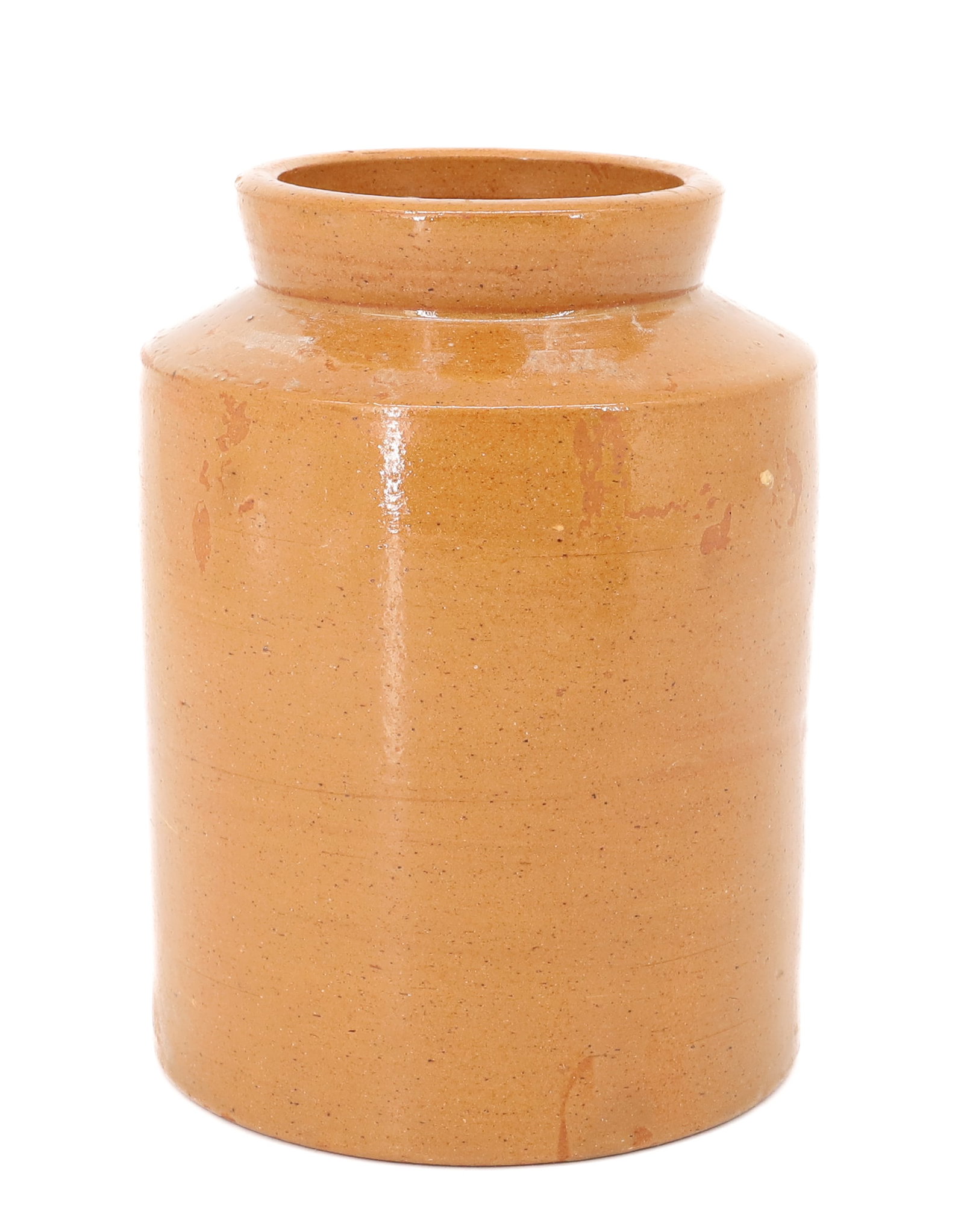 REDWARE STORAGE JAR: MUSTARD GLAZE, STRAIGHT SIDED, 6 1/2" H PLEASE READ CAREFULLY - ITEMS MUST BE PAID FOR THROUGH LIVE AUCTIONEERS OR WITH CASH OR CHECK IN PERSON - Terms for Purchasing and Shipping of Auction Items.