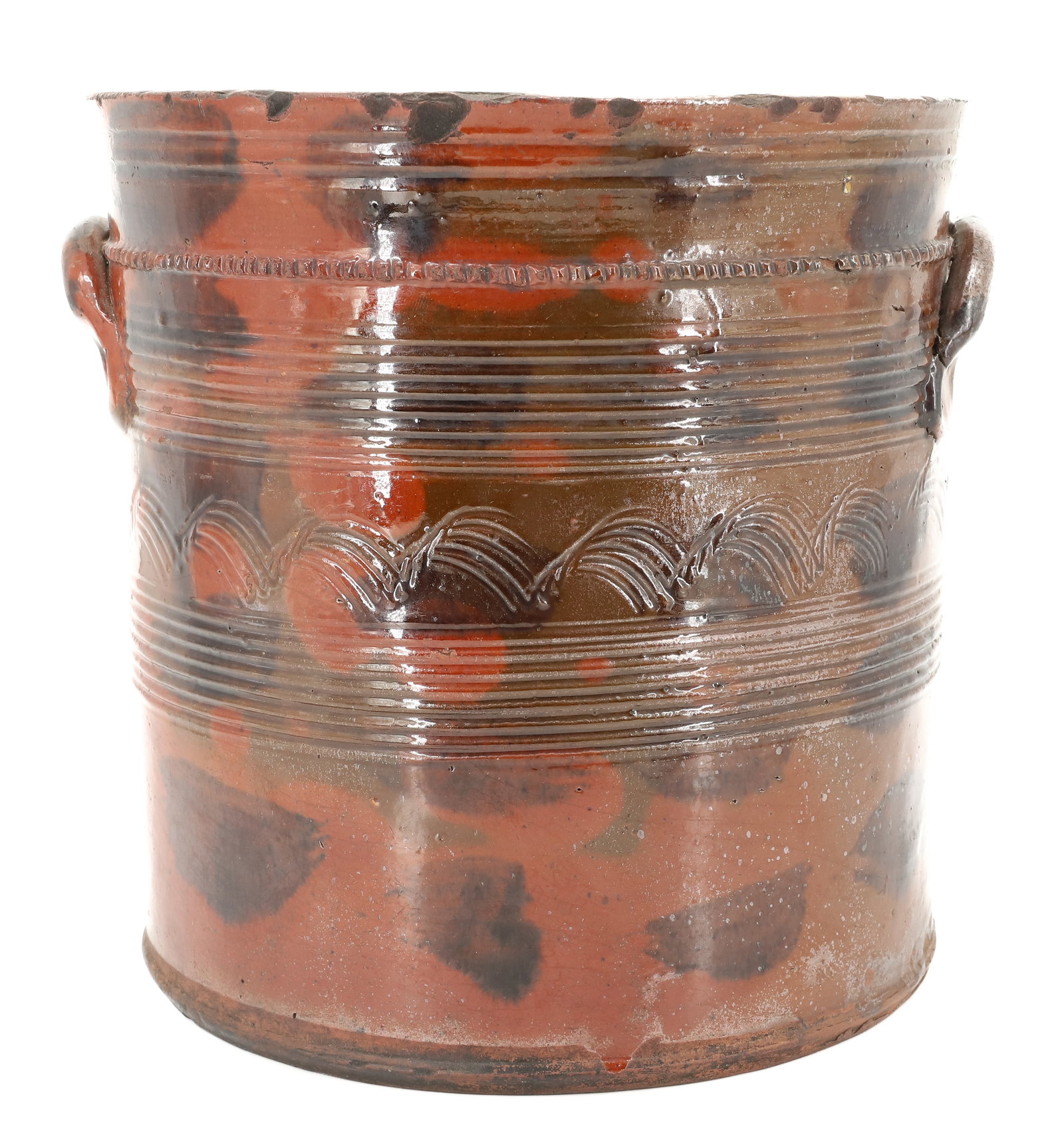 UNUSUAL TOOLED REDWARE CROCK: MULTI COLORED GLAZE - GREEN, ORANGE, AND BROWN SPLOTCHES - ROWS OF INCISED LINES, WAVY LINES, AND COGGLED DECORATION NEAR TOP - LUGG HANDLES, 9 1/4" X 9" PLEASE READ CAREFULLY - ITEMS MUST BE PAID