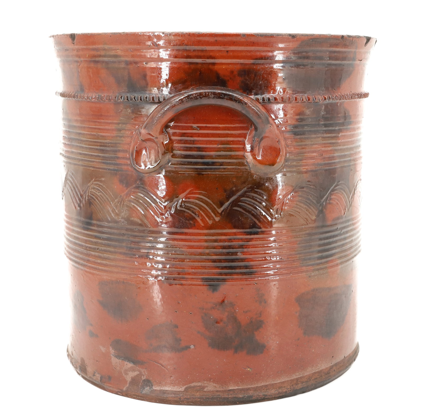 UNUSUAL TOOLED REDWARE CROCK - 2