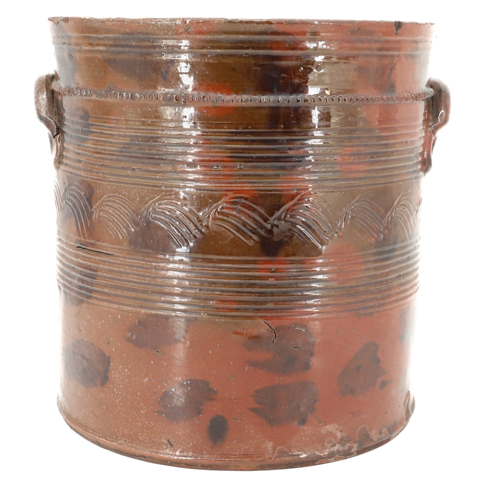 UNUSUAL TOOLED REDWARE CROCK - 3