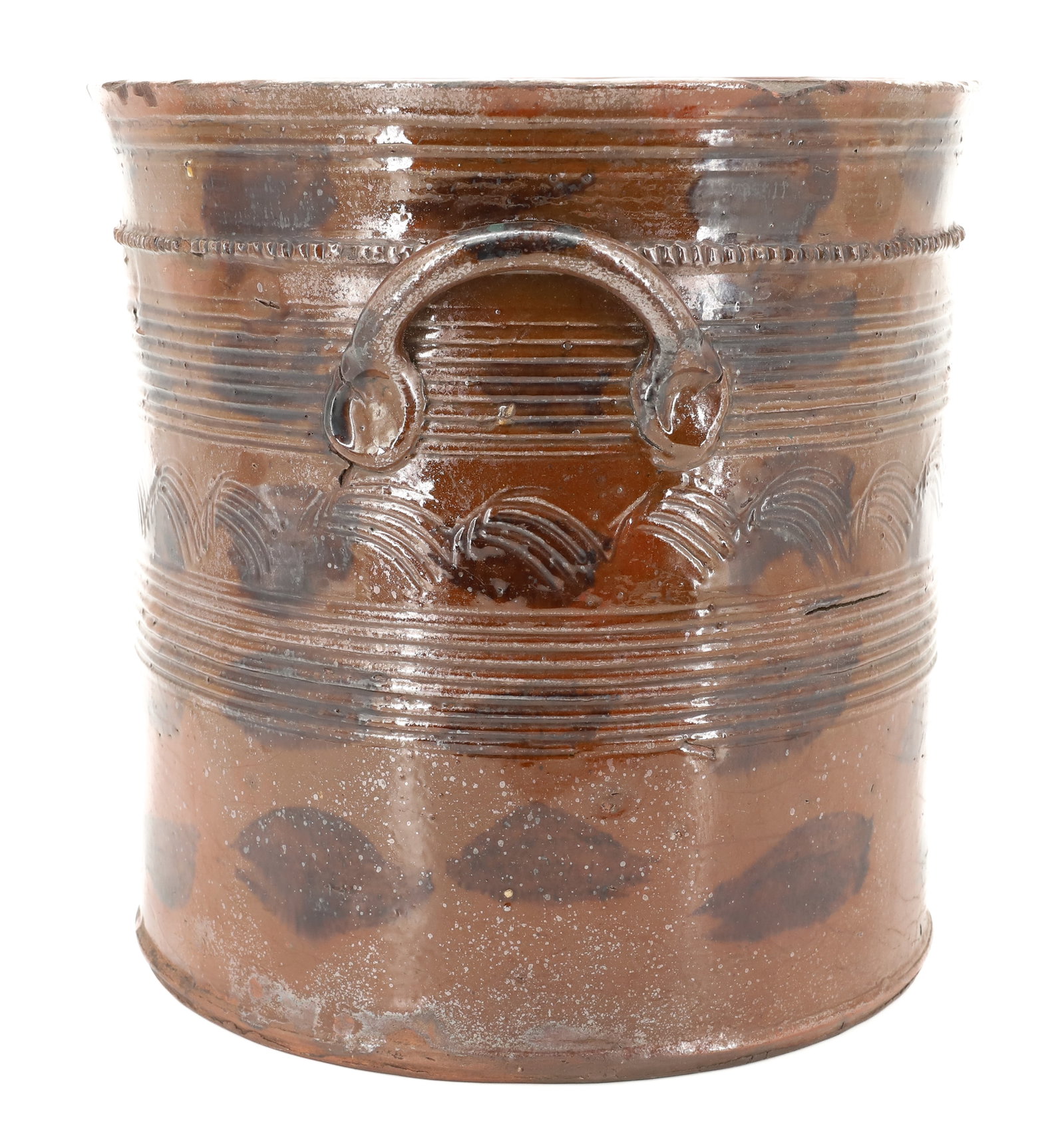 UNUSUAL TOOLED REDWARE CROCK - 4