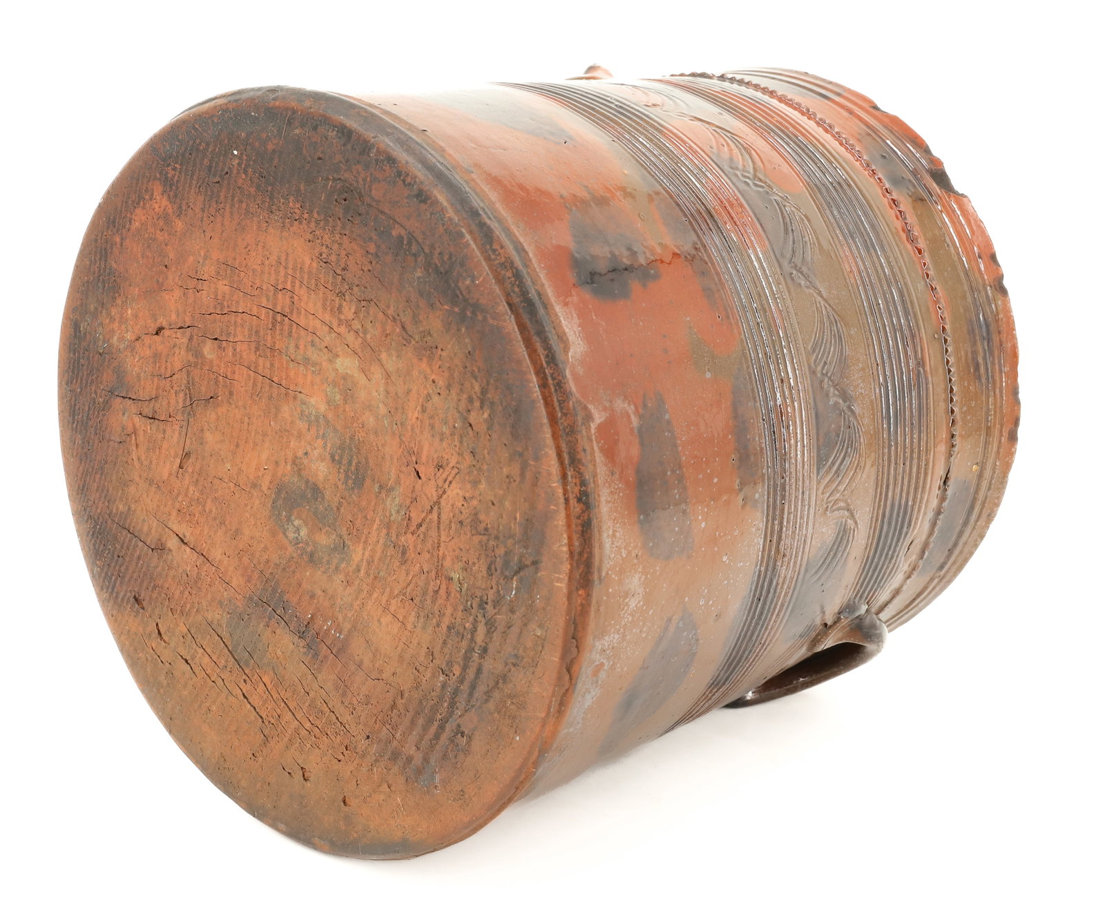 UNUSUAL TOOLED REDWARE CROCK - 7