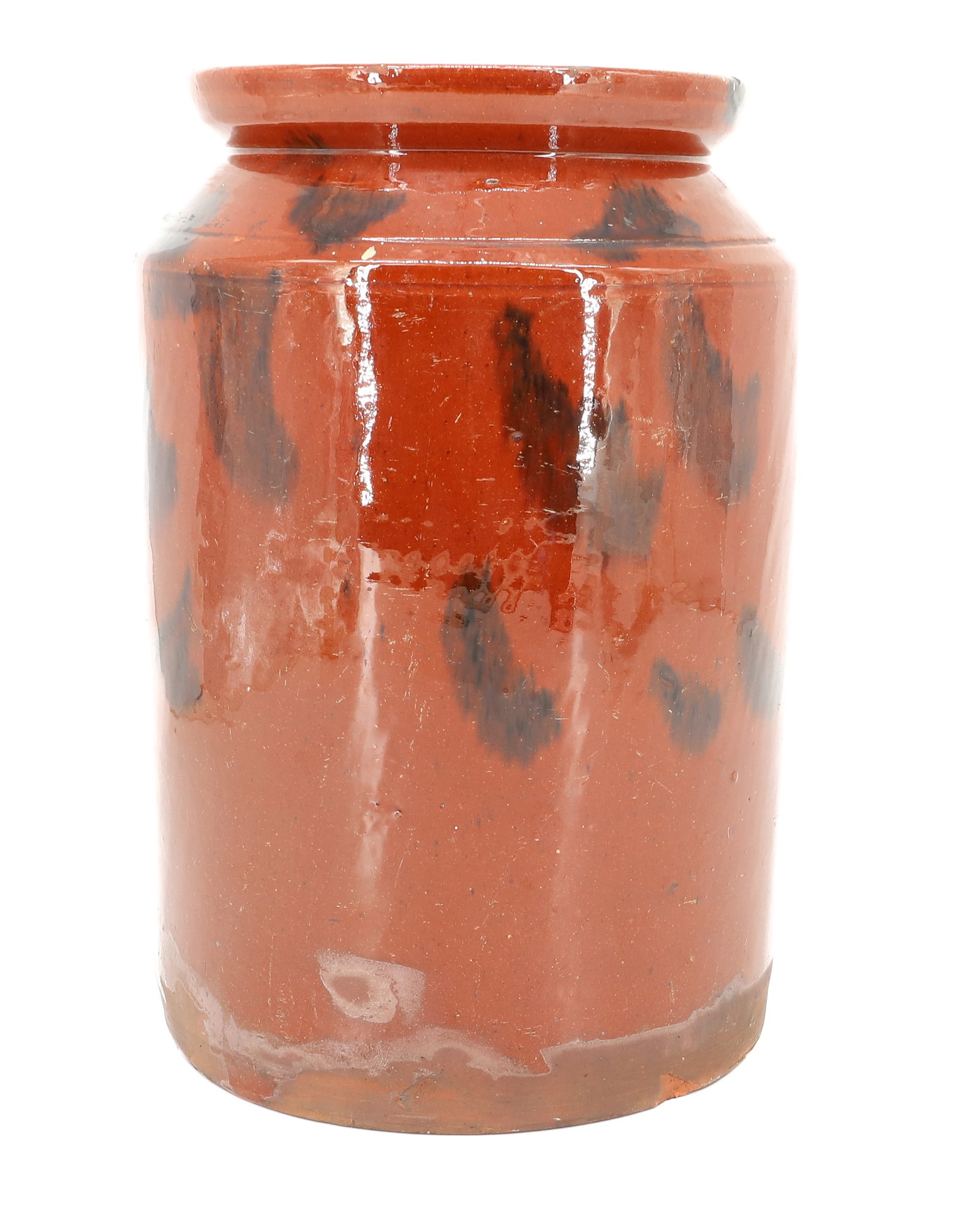 REDWARE STORAGE JAR: ORANGE GLAZE WITH BROWN SPLOTCHES. 10 1/2" H. PLEASE READ CAREFULLY - ITEMS MUST BE PAID FOR THROUGH LIVE AUCTIONEERS OR WITH CASH OR CHECK IN PERSON - Terms for Purchasing and Shipping of Auction