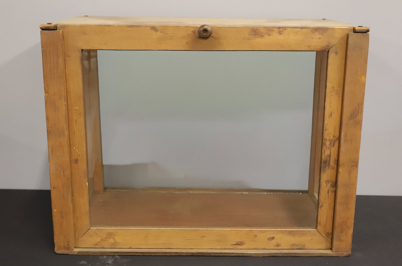 HOMEMADE WOODEN DISPLAY CASE: GLASS ON ALL SIDES WITH VERTICAL LIFT BACK DOOR, 15 3/4" X 21" X 13" PLEASE READ CAREFULLY - ITEMS MUST BE PAID FOR THROUGH LIVE AUCTIONEERS OR WITH CASH OR CHECK IN PERSON - Terms for Purchasing and