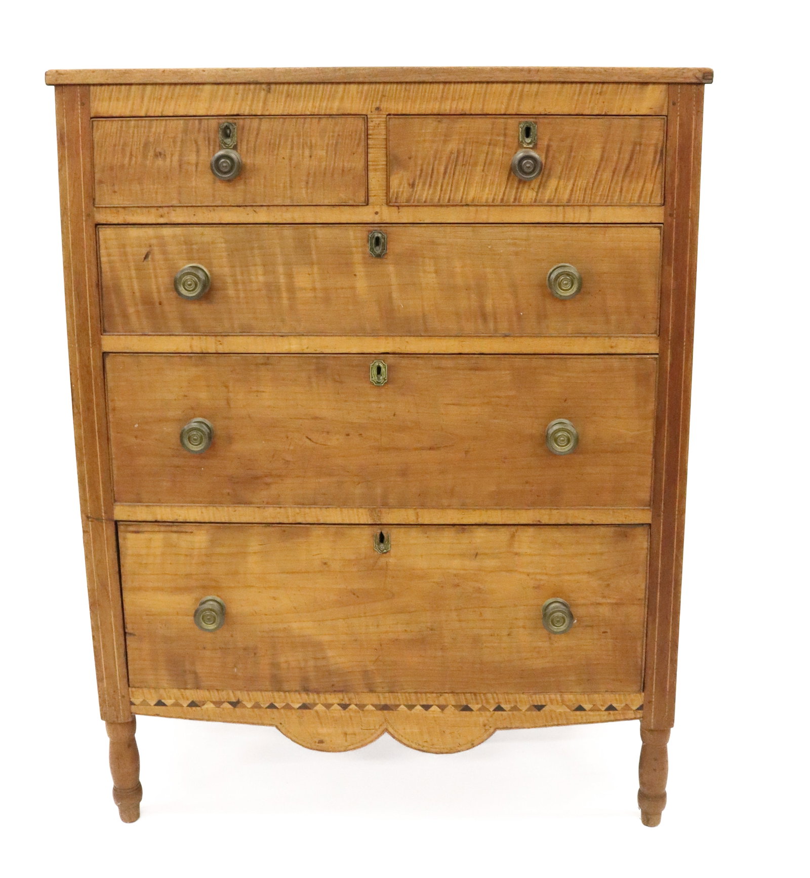 19TH C. TIGER MAPLE CHEST OF DRAWERS: TIGER MAPLE WITH BANDED INLAY AND TRIANGULAR DECORATION. PRESSED BRASS PULLS. PANELED ENDS. 51" X 39" X 19 1/2". PLEASE READ CAREFULLY - ITEMS MUST BE PAID FOR THROUGH LIVE AUCTIONEERS OR WITH CASH