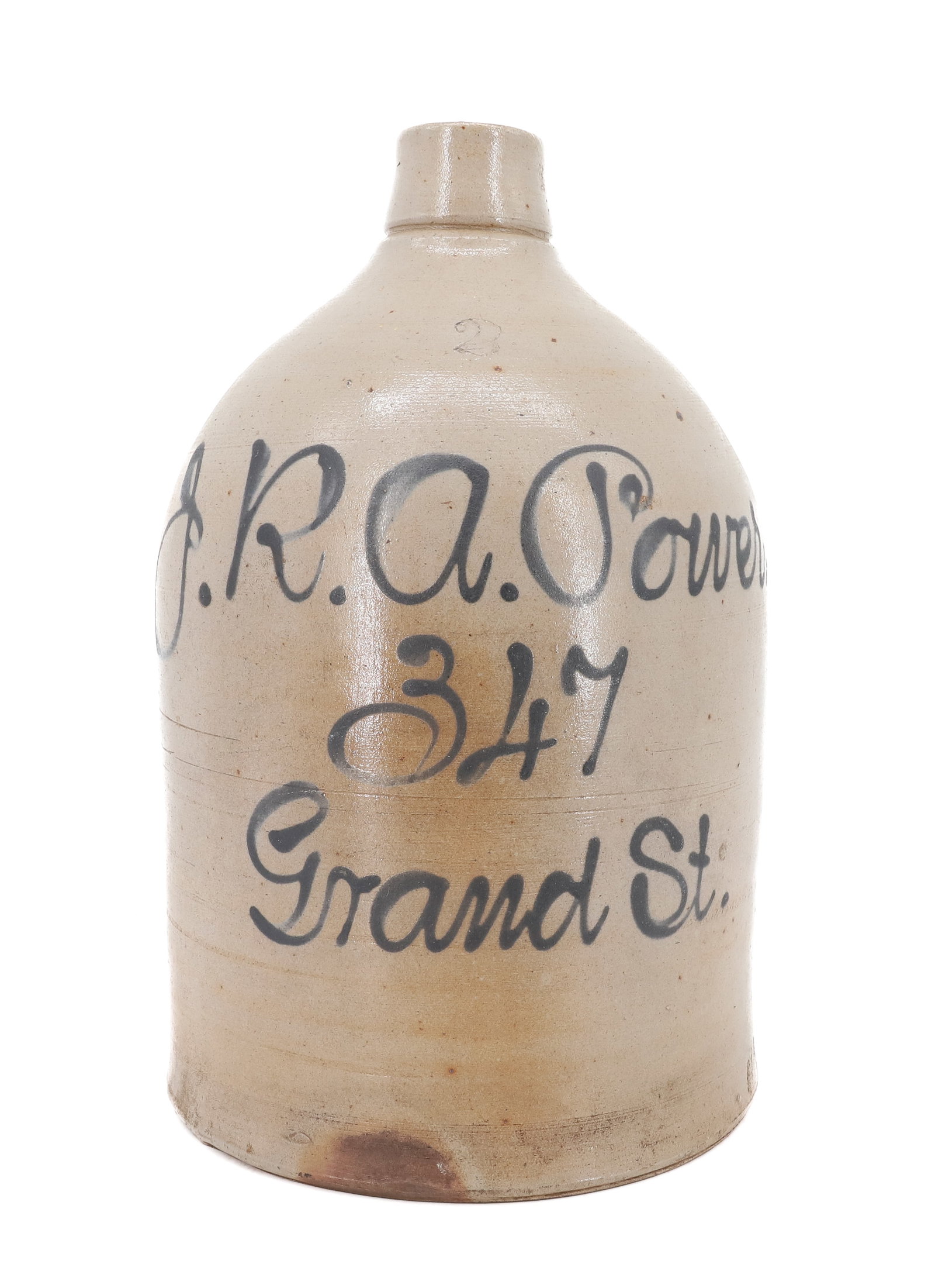 2 GALLON SCRIPT ADVERTISING JUG: J.R. A. POWER 347 GRAND ST. - 13 1/2" H PLEASE READ CAREFULLY - ITEMS MUST BE PAID FOR THROUGH LIVE AUCTIONEERS OR WITH CASH OR CHECK IN PERSON - Terms for Purchasing and Shipping of Auction Items.