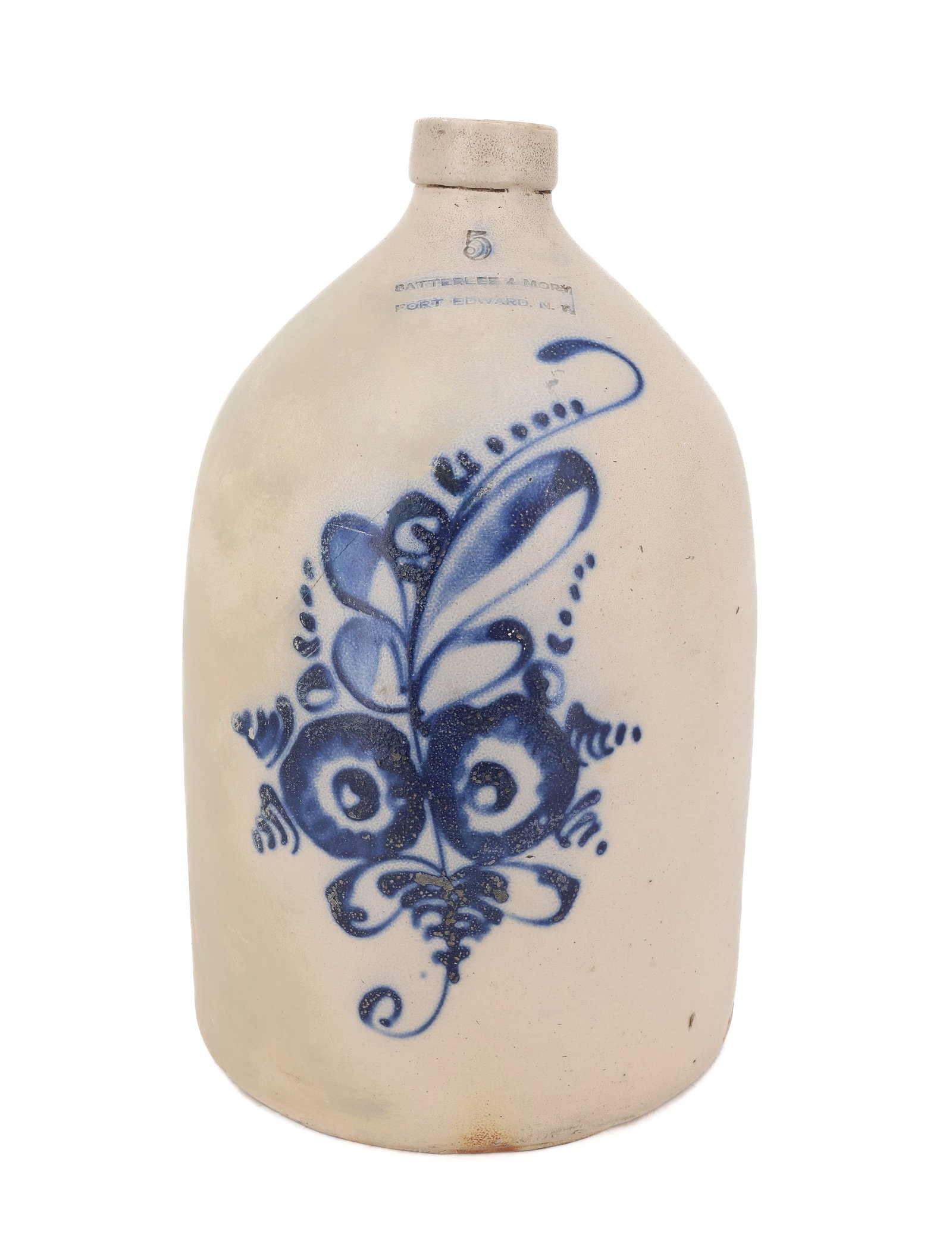 5 GALLON BLUE DECORATED STONEWARE JUG: DARK BLUE FLORAL SPRAY "RESEMBLES EYES" - IMPRESSED; BATTERLEE & MORY FORT EDWARD, NY - 18 1/4" H PLEASE READ CAREFULLY - ITEMS MUST BE PAID FOR THROUGH LIVE AUCTIONEERS OR WITH CASH OR CHECK IN