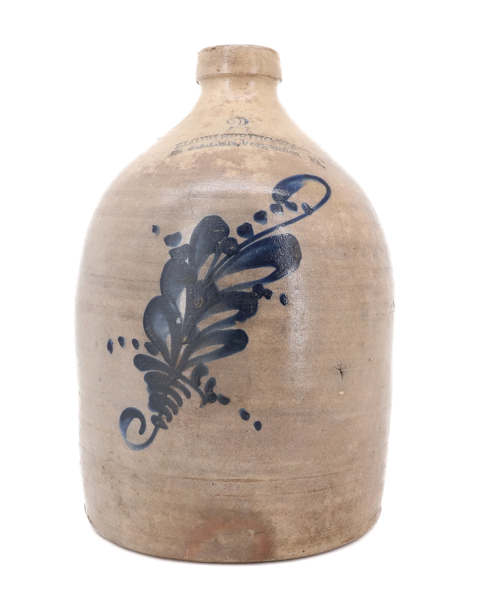 2 GALLON BLUE DECORATED STONEWARE JUG: FLORAL SPRAY, JUG IMPRESSED; ELGEN SPRING WATER, S. ALLEN VERGENNES, VT - 14" H PLEASE READ CAREFULLY - ITEMS MUST BE PAID FOR THROUGH LIVE AUCTIONEERS OR WITH CASH OR CHECK IN PERSON - Terms for