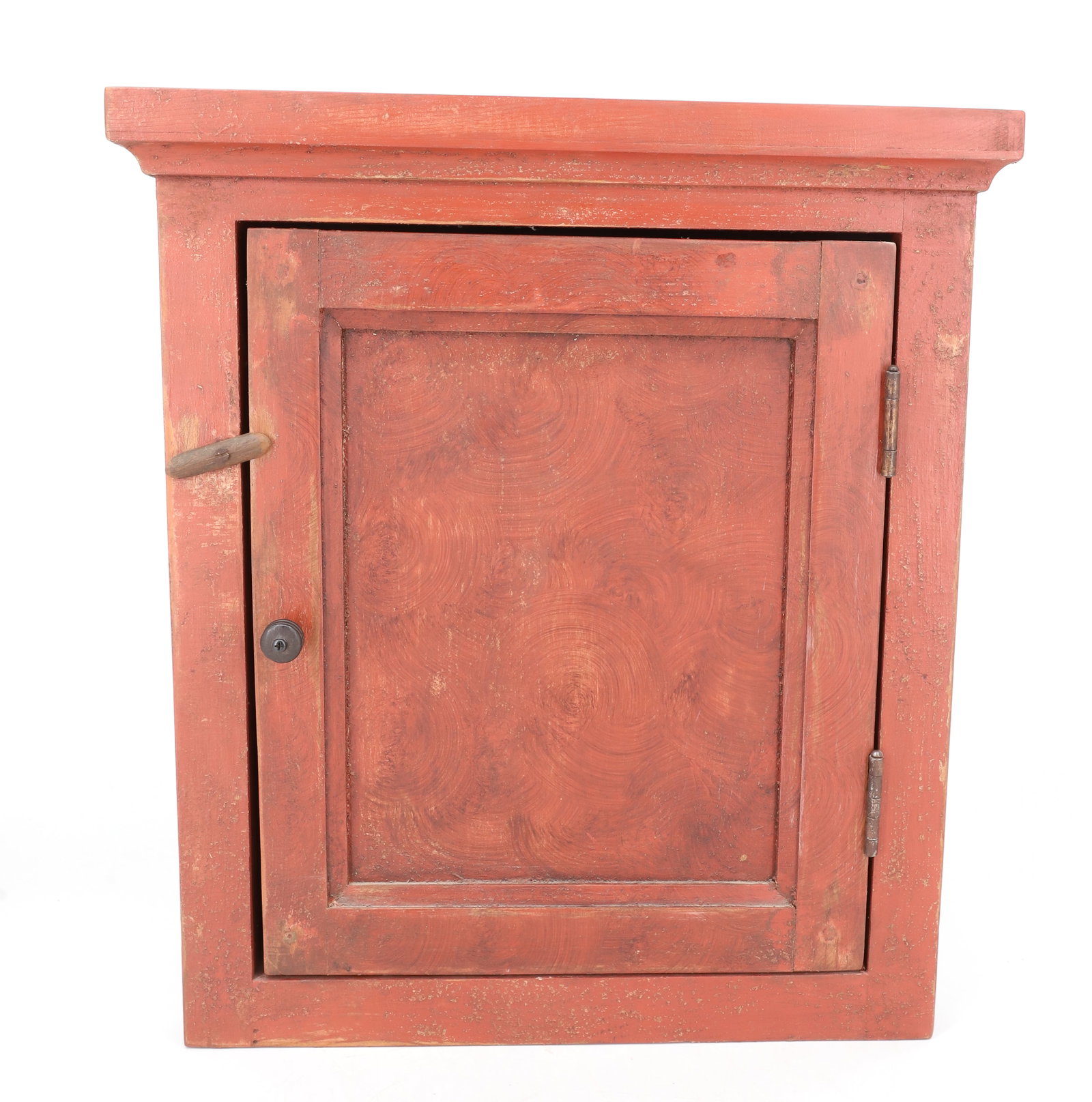 PRIMITIVE RED PAINTED CORNER CABINET: HANGING CABINET WITH RED PAINTED SURFACE, PRIMITIVE STYLE - 18 1/4" X 16 1/4" X 8 3/4" PLEASE READ CAREFULLY - ITEMS MUST BE PAID FOR THROUGH LIVE AUCTIONEERS OR WITH CASH OR CHECK IN PERSON - Terms
