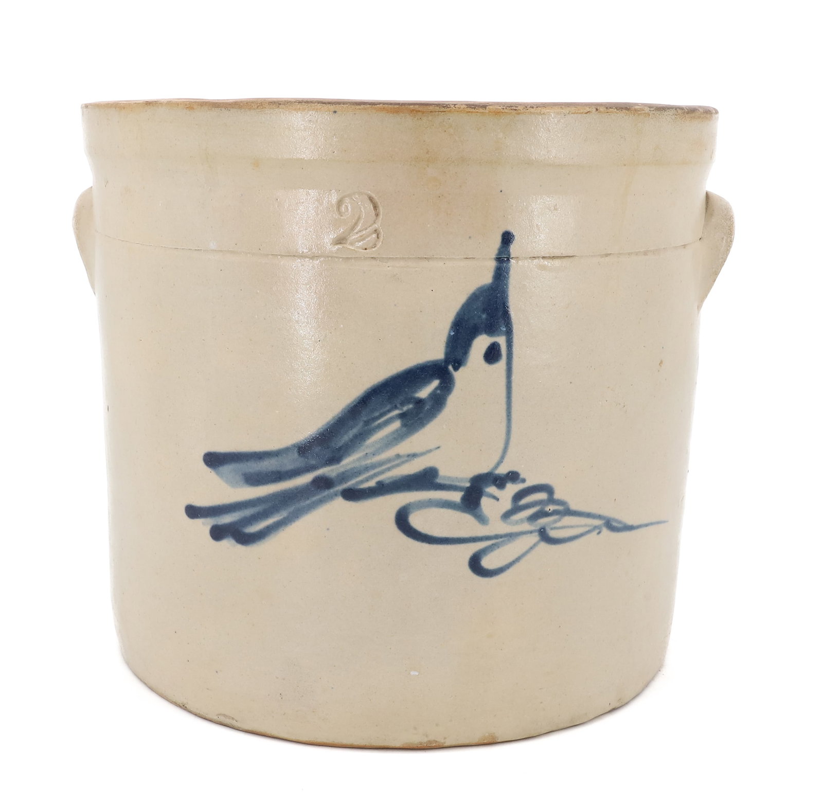 TWO GALLON BLUE DECORATED BIRD CROCK: BLUE BIRD ON FRONT, LUGG HANDLES, 9" X 10" PLEASE READ CAREFULLY - ITEMS MUST BE PAID FOR THROUGH LIVE AUCTIONEERS OR WITH CASH OR CHECK IN PERSON - Terms for Purchasing and Shipping of Auction Items.
