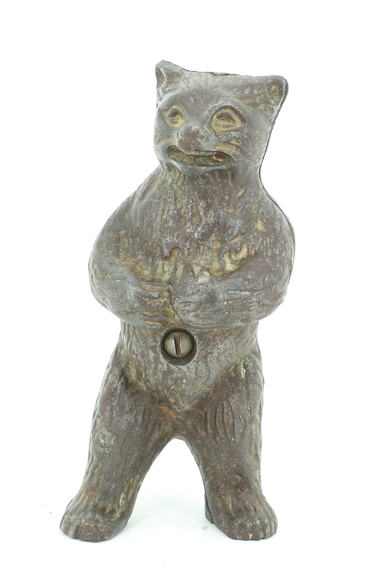 CAST IRON BEAR STILL BANK: STANDING BEAR, MARKED; PAT ON BACK - TRACES OF ORIGINAL PAINT - 5 3/4" H PLEASE READ CAREFULLY - ITEMS MUST BE PAID FOR THROUGH LIVE AUCTIONEERS OR WITH CASH OR CHECK IN PERSON - Terms for Purchasing