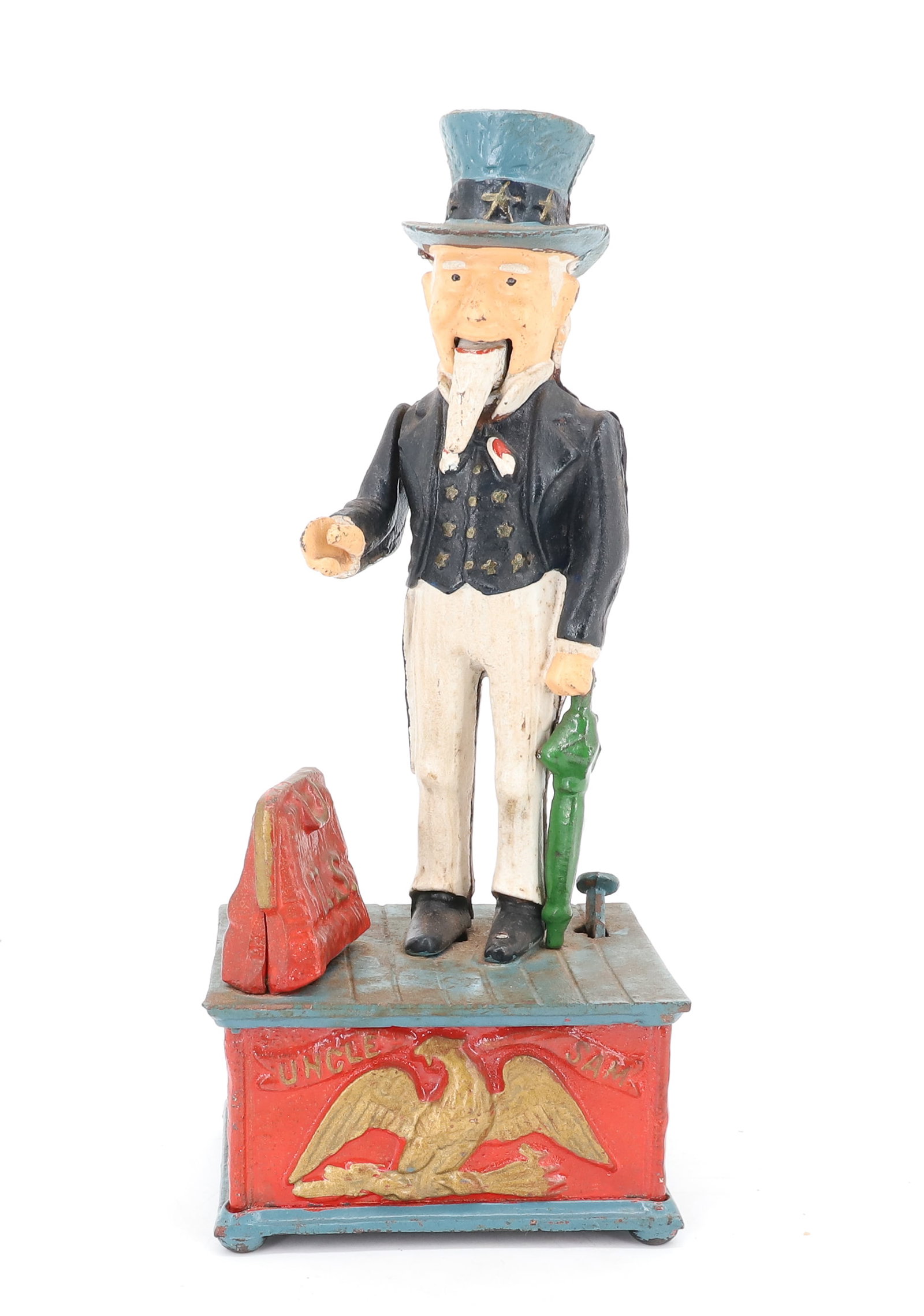UNCLE SAM PAINTED MECHANICAL BANK: UNCLE SAM STANDING ON BASE, 11" H - MARKED; TAIWAN ON BOTTOM PLEASE READ CAREFULLY - ITEMS MUST BE PAID FOR THROUGH LIVE AUCTIONEERS OR WITH CASH OR CHECK IN PERSON - Terms for Purchasing and Shipping