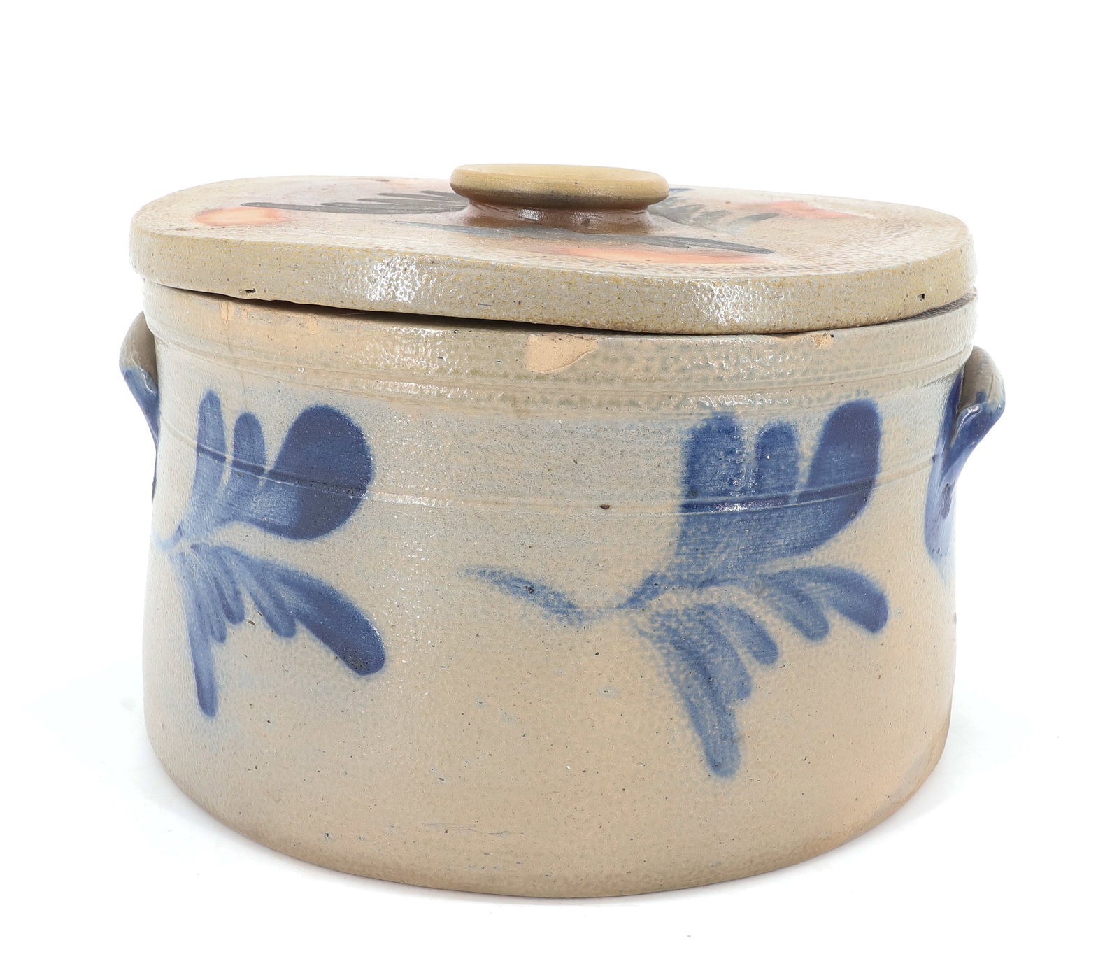 BLUE DECORATED CAKE CROCK: STONEWARE CROCK WITH BLUE LEAF DESIGN WITH DECORATED LID. 5 3/4" X 10 3/4". PLEASE READ CAREFULLY - ITEMS MUST BE PAID FOR THROUGH LIVE AUCTIONEERS OR WITH CASH OR CHECK IN PERSON - Terms for