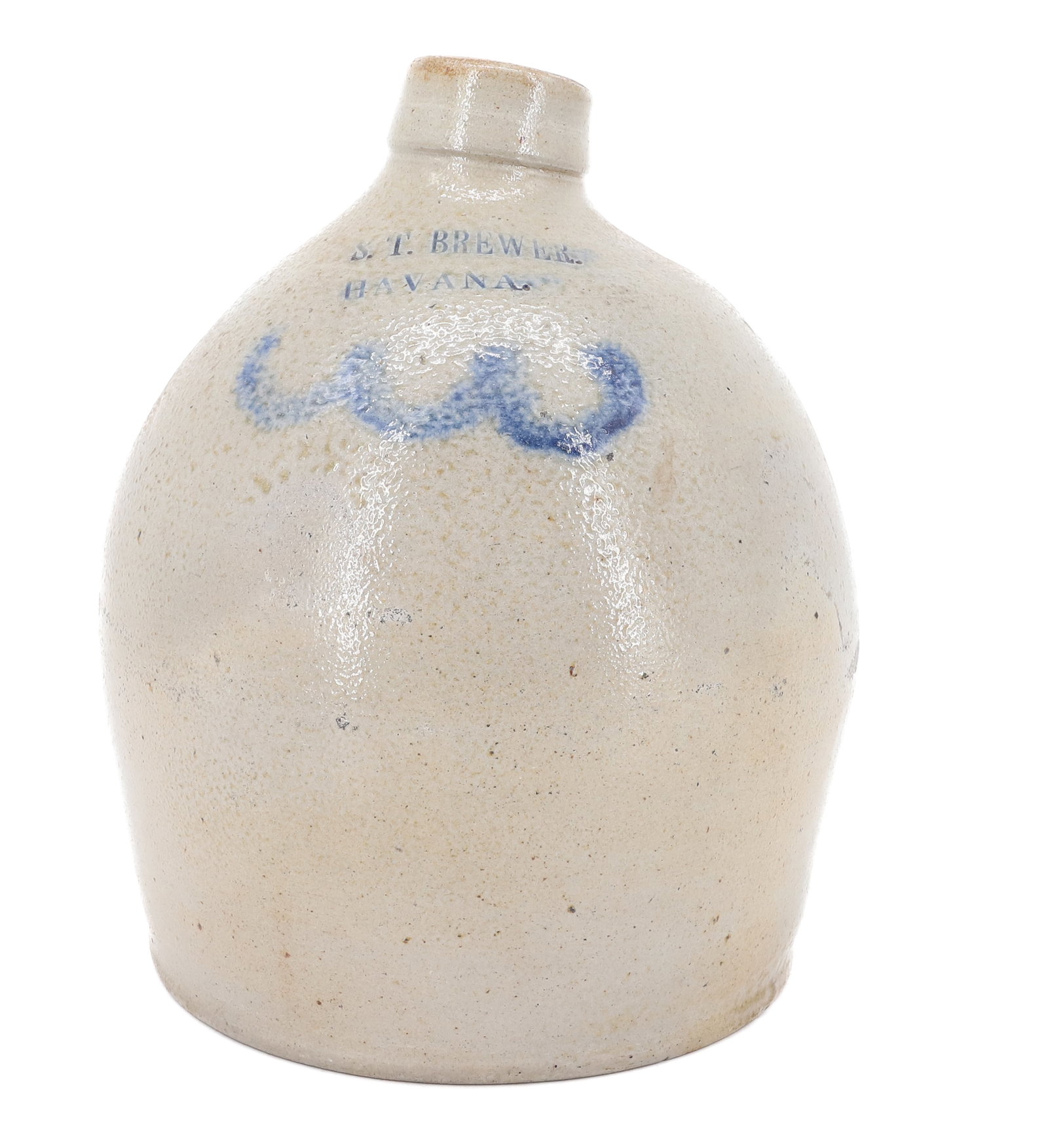 HAVANA, NY STONEWARE JUG: BLUE DECORATION WITH IMPRESSED "S.T. BREWER, HAVANA". 9 1/2" H. PLEASE READ CAREFULLY - ITEMS MUST BE PAID FOR THROUGH LIVE AUCTIONEERS OR WITH CASH OR CHECK IN PERSON - Terms for Purchasing and