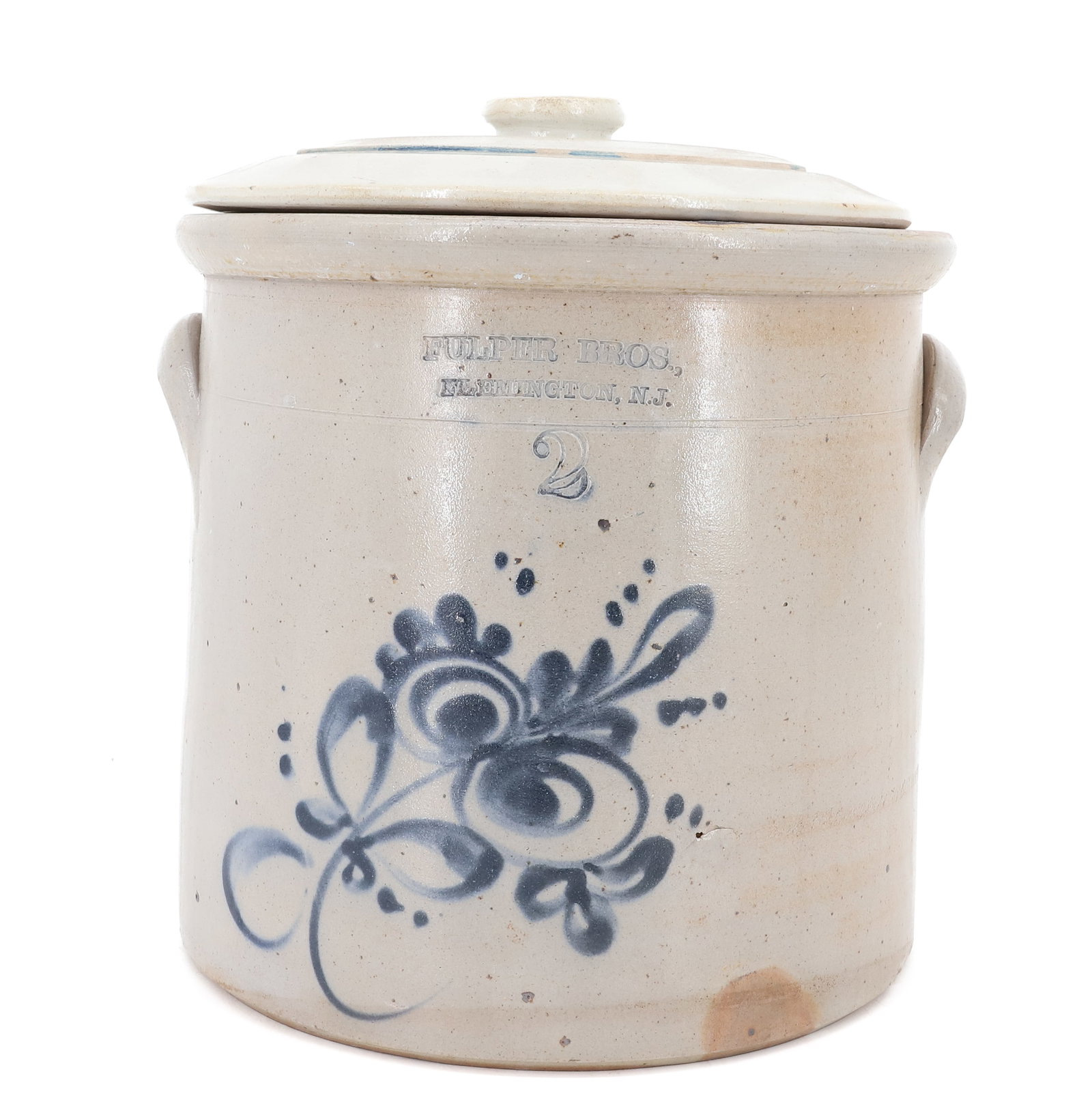 TWO-GALLON BLUE DECORATED CROCK: BLUE FLORAL SPRAY BY "FULPER BROS, FLEMINGTON, N.J.". ACCOMPANIED BY LID. 9" X 9 5/8". PLEASE READ CAREFULLY - ITEMS MUST BE PAID FOR THROUGH LIVE AUCTIONEERS OR WITH CASH OR CHECK IN PERSON - Terms f