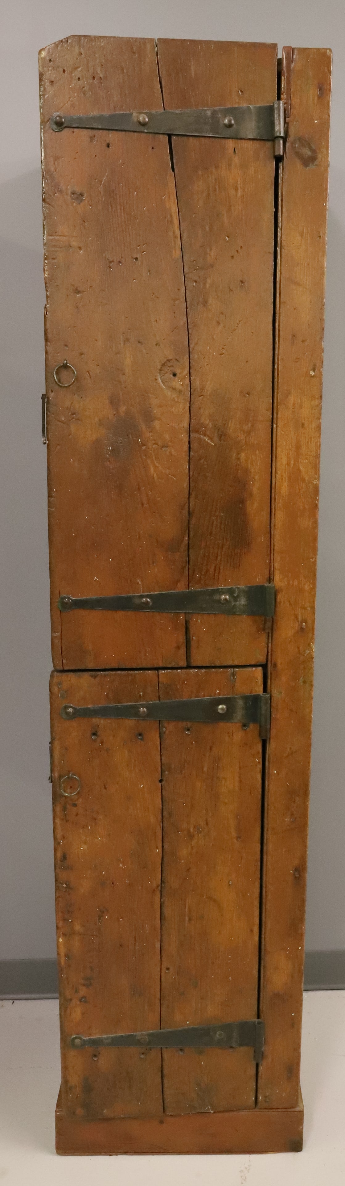 TWO DOOR COUNTRY CUPBOARD: TWO DOOR WITH IRON STRAP HINGES, (3) INTERIOR SHELVES - 76" X 17 1/2" X 16" PLEASE READ CAREFULLY - ITEMS MUST BE PAID FOR THROUGH LIVE AUCTIONEERS OR WITH CASH OR CHECK IN PERSON - Terms for Purchasi