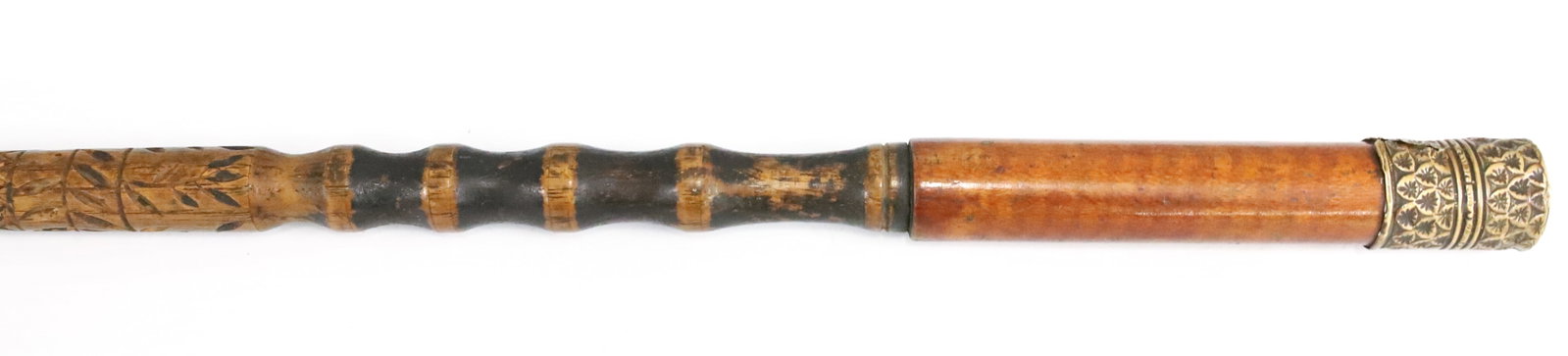 ANTIQUE WOODEN WALKING STICK: DECORATIVE BRASS TOPPER, ON CARVED AND PAINTED SHAFT - 35 1/2" L PLEASE READ CAREFULLY - ITEMS MUST BE PAID FOR THROUGH LIVE AUCTIONEERS OR WITH CASH OR CHECK IN PERSON - Terms for Purchasing and Ship