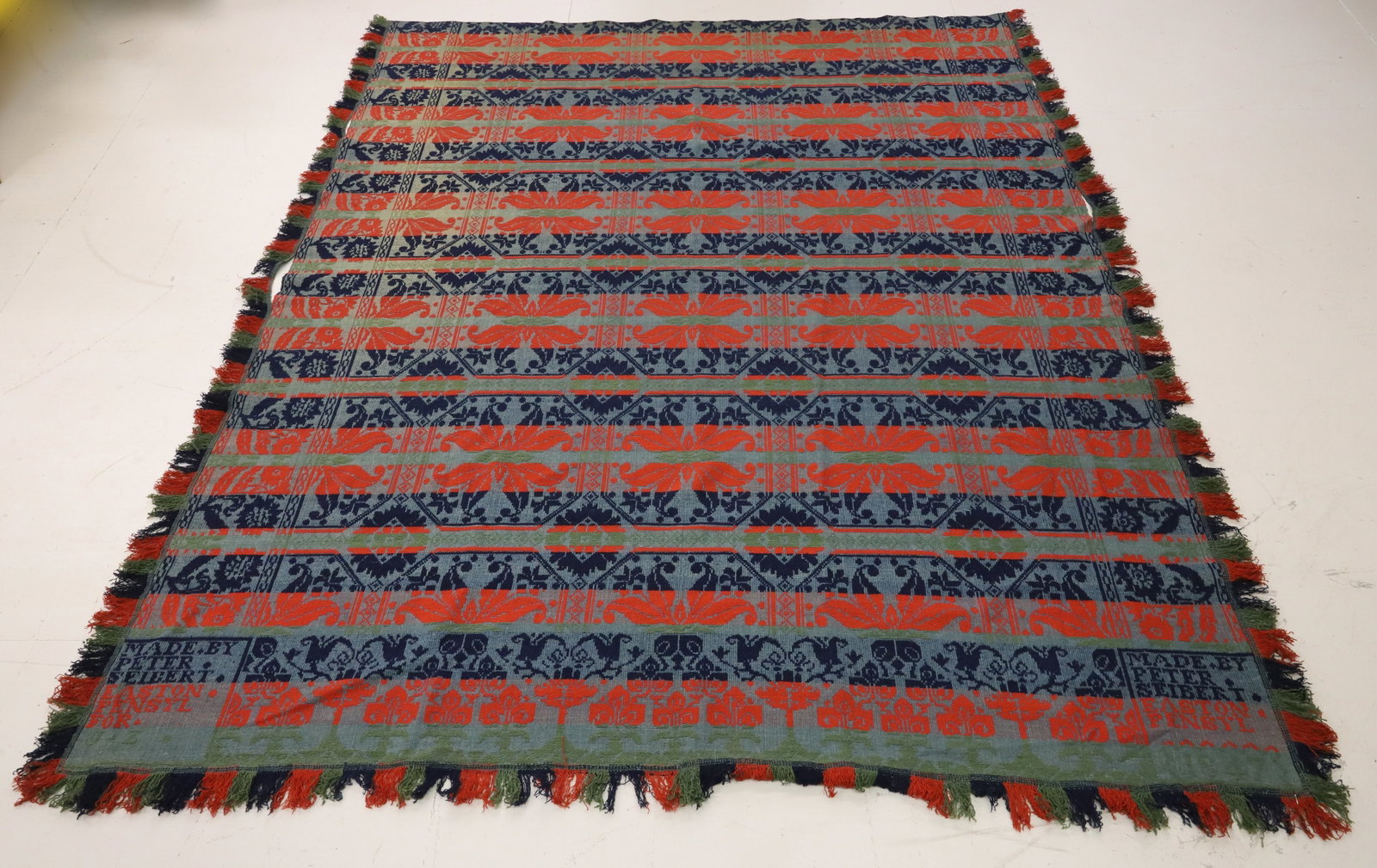 19TH CENTURY EASTON, PA WOVEN COVERLET: FOUR COLOR FLORAL COVERLET, MADE BY; PETER SEIBERT EASTON, PENSYL - MARKED IN 2 CORNERS - FRINGED EDGE - 94" X 76" PLEASE READ CAREFULLY - ITEMS MUST BE PAID FOR THROUGH LIVE AUCTIONEERS OR WITH CASH 