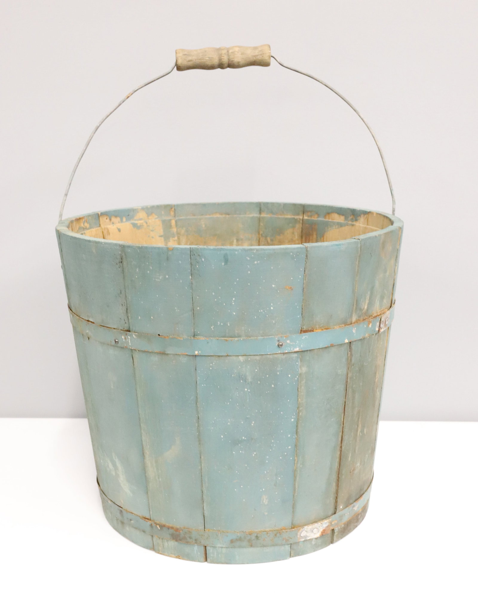ANTIQUE BLUE PAINTED WOODEN BUCKET: BAIL HANDLE, 10 3/4" X 12 1/2" PLEASE READ CAREFULLY - ITEMS MUST BE PAID FOR THROUGH LIVE AUCTIONEERS OR WITH CASH OR CHECK IN PERSON - Terms for Purchasing and Shipping of Auction Items. Please read