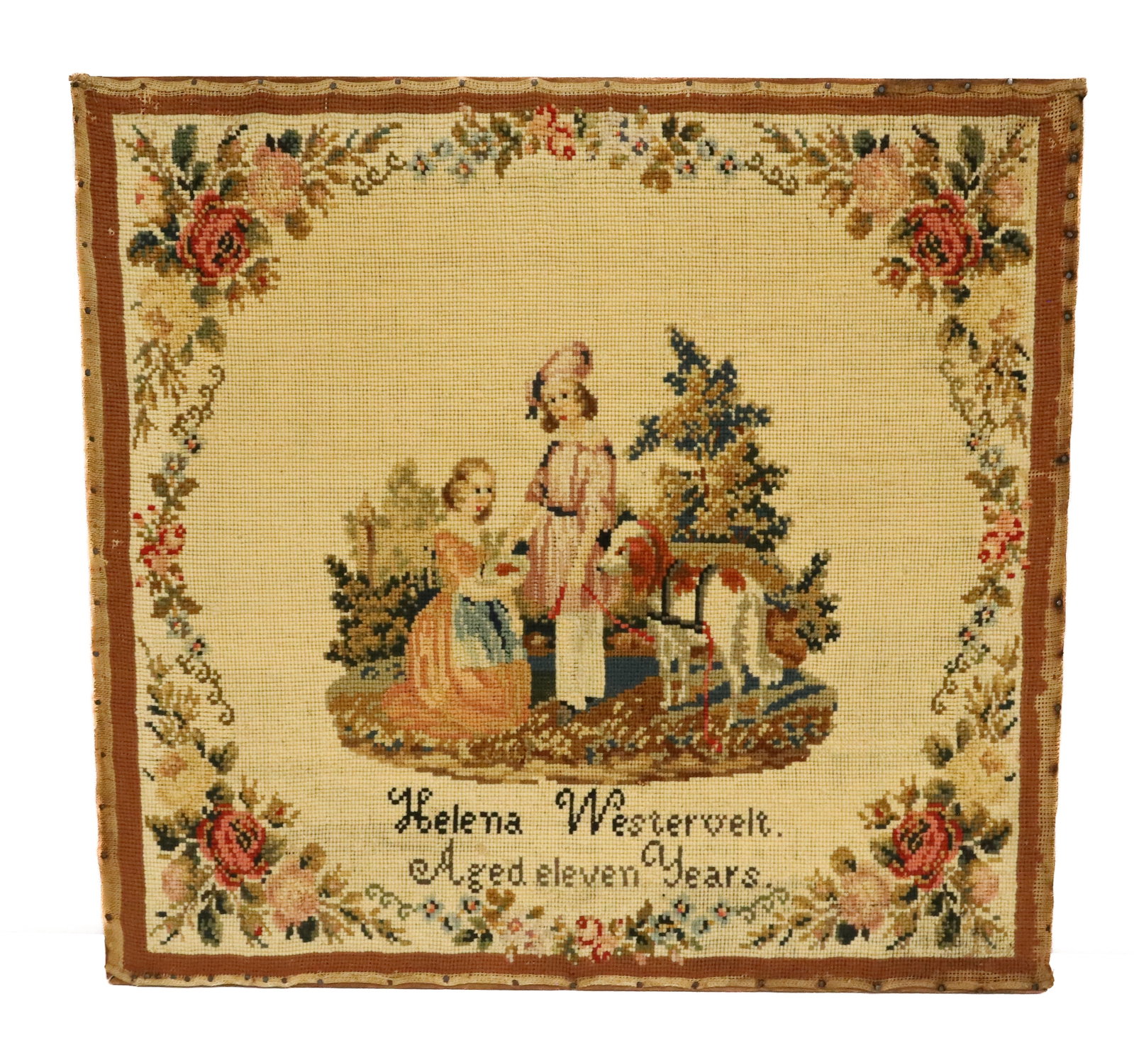 ANTIQUE NEEDLE POINT: SCHOOL GIRL NEEDLE POINT, MARKED; HELENA WESTERVELT, AGED 11 YEARS, NAILED ON WOODEN STRETCHER - 19 1/2" X 21" PLEASE READ CAREFULLY - ITEMS MUST BE PAID FOR THROUGH LIVE AUCTIONEERS OR WITH CASH OR