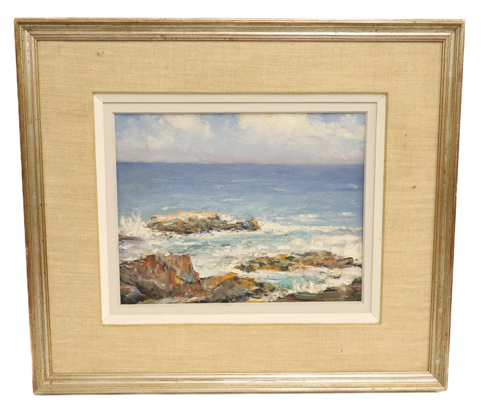 CULLEN YATES, PENNSYLVANIAN, O/B: OGUNQUIT MAINE #7, ROCKS - CRASHING WAVES AGAINST SEA COAST, SIGNED ON VERSO - 12" X 16" SIGHT VIEW PLEASE READ CAREFULLY - ITEMS MUST BE PAID FOR THROUGH LIVE AUCTIONEERS OR WITH CASH OR CHECK IN