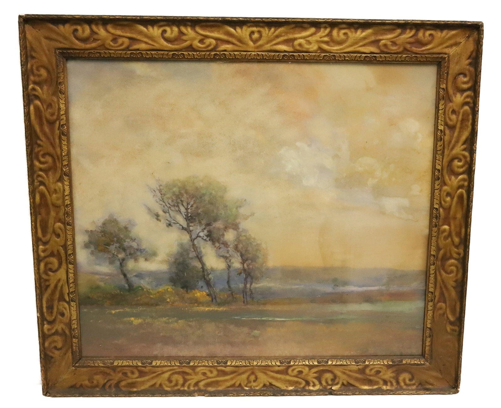 CULLEN YATES, PENNSYLVANIA, WATERCOLOR UNDER GLASS: LANDSCAPE OF FIELDS WITH TREES AND MOUNTAINS, SIGNED LOWER LEFT - ART NOUVEAU FRAME UNDER GLASS 22" X 26" PLEASE READ CAREFULLY - ITEMS MUST BE PAID FOR THROUGH LIVE AUCTIONEERS OR WITH CASH OR CHECK