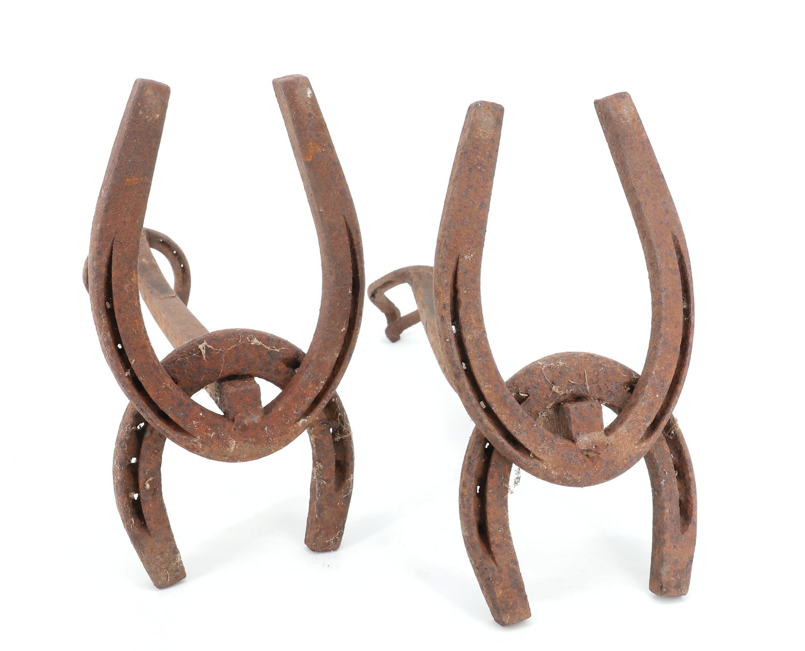PAIR OF HORSESHOE ANDIRONS: HANDCRAFTED PAIR. RUSTED SURFACES. 11 1/2" X 15". PLEASE READ CAREFULLY - ITEMS MUST BE PAID FOR THROUGH LIVE AUCTIONEERS OR WITH CASH OR CHECK IN PERSON - Terms for Purchasing and Shipping of