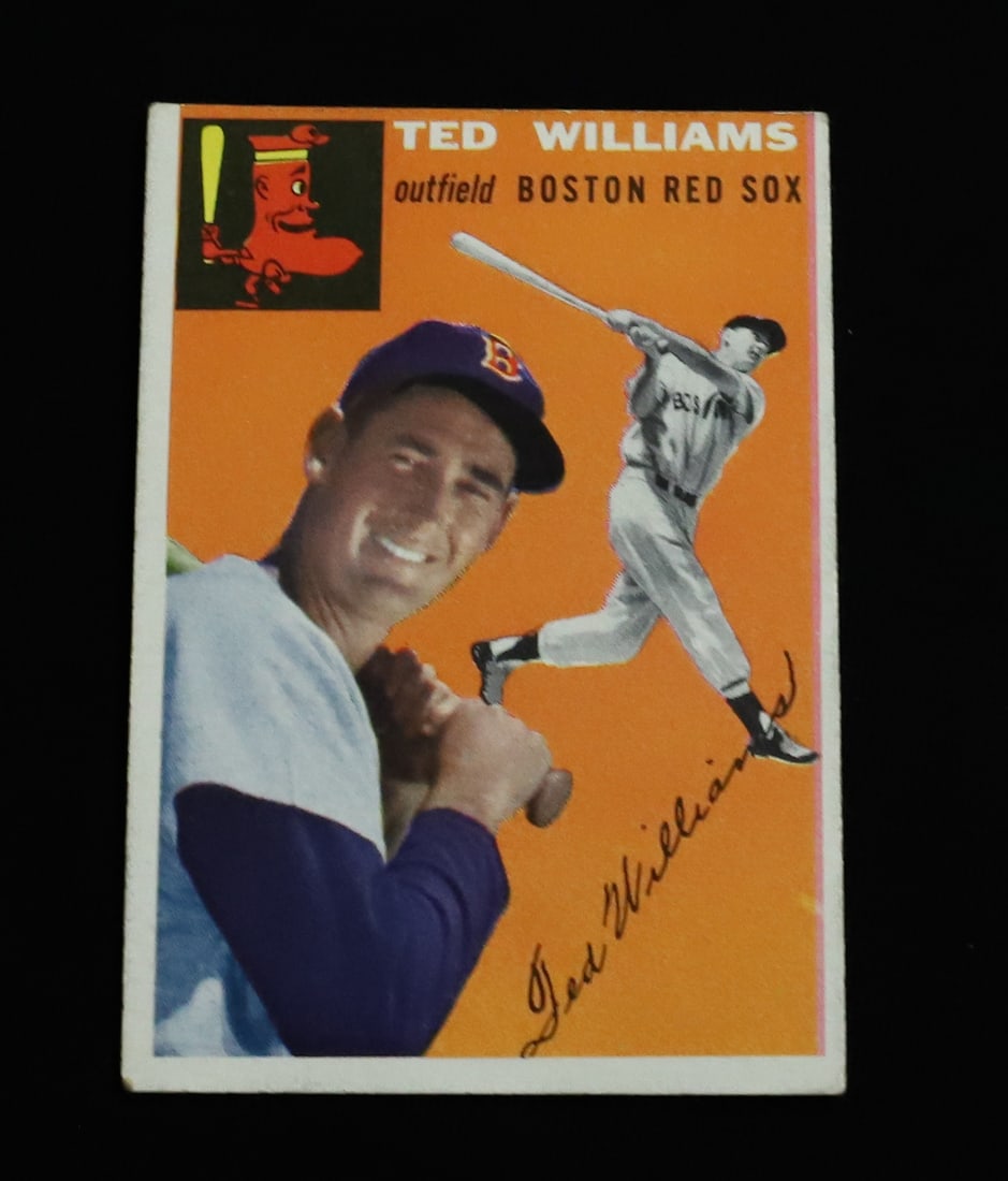 TED WILLIAMS TOPPS 1954 BASEBALL CARD: #1 TED WILLIAMS, BOSTON RED SOX CARD. PLEASE READ CAREFULLY - ITEMS MUST BE PAID FOR THROUGH LIVE AUCTIONEERS OR WITH CASH OR CHECK IN PERSON - Terms for Purchasing and Shipping of Auction Items. Plea
