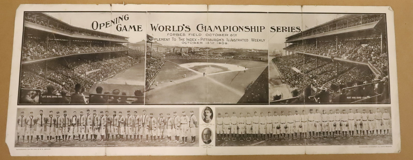 1909 WORLD SERIES, PITTSBURGH VS. DETROIT: OPENING GAME PANORAMIC PHOTOGRAPH. SUPPLEMENT TO THE INDEX-PITTSBURGH'S ILLUSTRATED WEEKLY. OCTOBER 16TH, 1909. FEATURING TY COBB AND HONUS WAGNER. 16" X 41". PLEASE READ CAREFULLY - ITEMS MUST BE