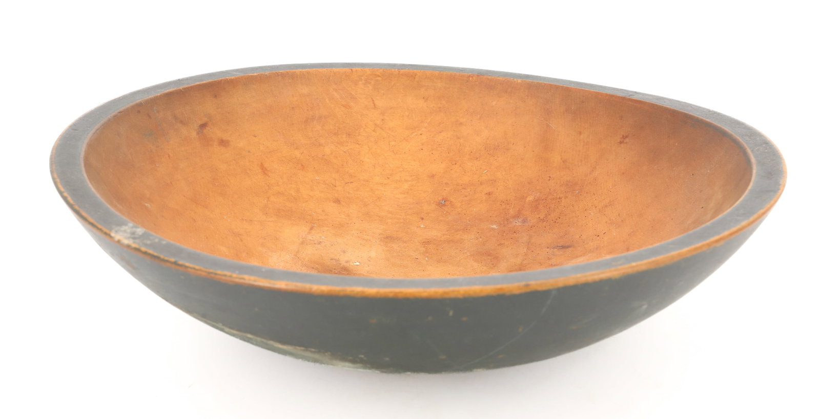 GREEN PAINTED WOODEN BOWL: FOOTED WOODEN BOWL IN DARK GREEN PAINT. 3 3/4" X 14 1/4" X 13 1/2". PLEASE READ CAREFULLY - ITEMS MUST BE PAID FOR THROUGH LIVE AUCTIONEERS OR WITH CASH OR CHECK IN PERSON - Terms for Purchasing and S