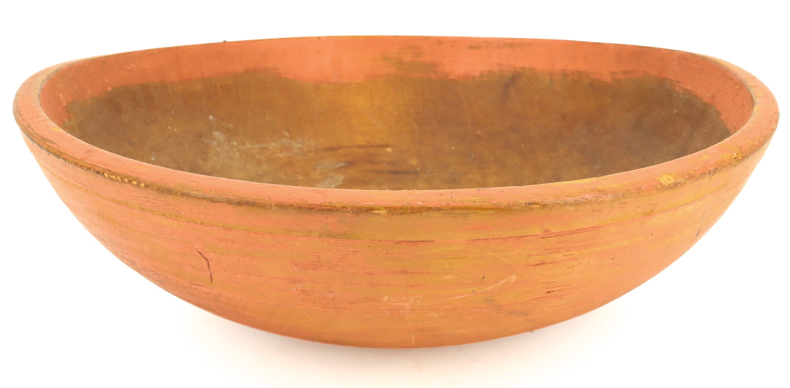 SALMON PAINTED WOODEN BOWL: TURNED WOODEN BOWL WITH PAINTED EXTERIOR AND RIM. 5 1/2" X 19 1/4" X 18 1/2". PLEASE READ CAREFULLY - ITEMS MUST BE PAID FOR THROUGH LIVE AUCTIONEERS OR WITH CASH OR CHECK IN PERSON - Terms for Purcha