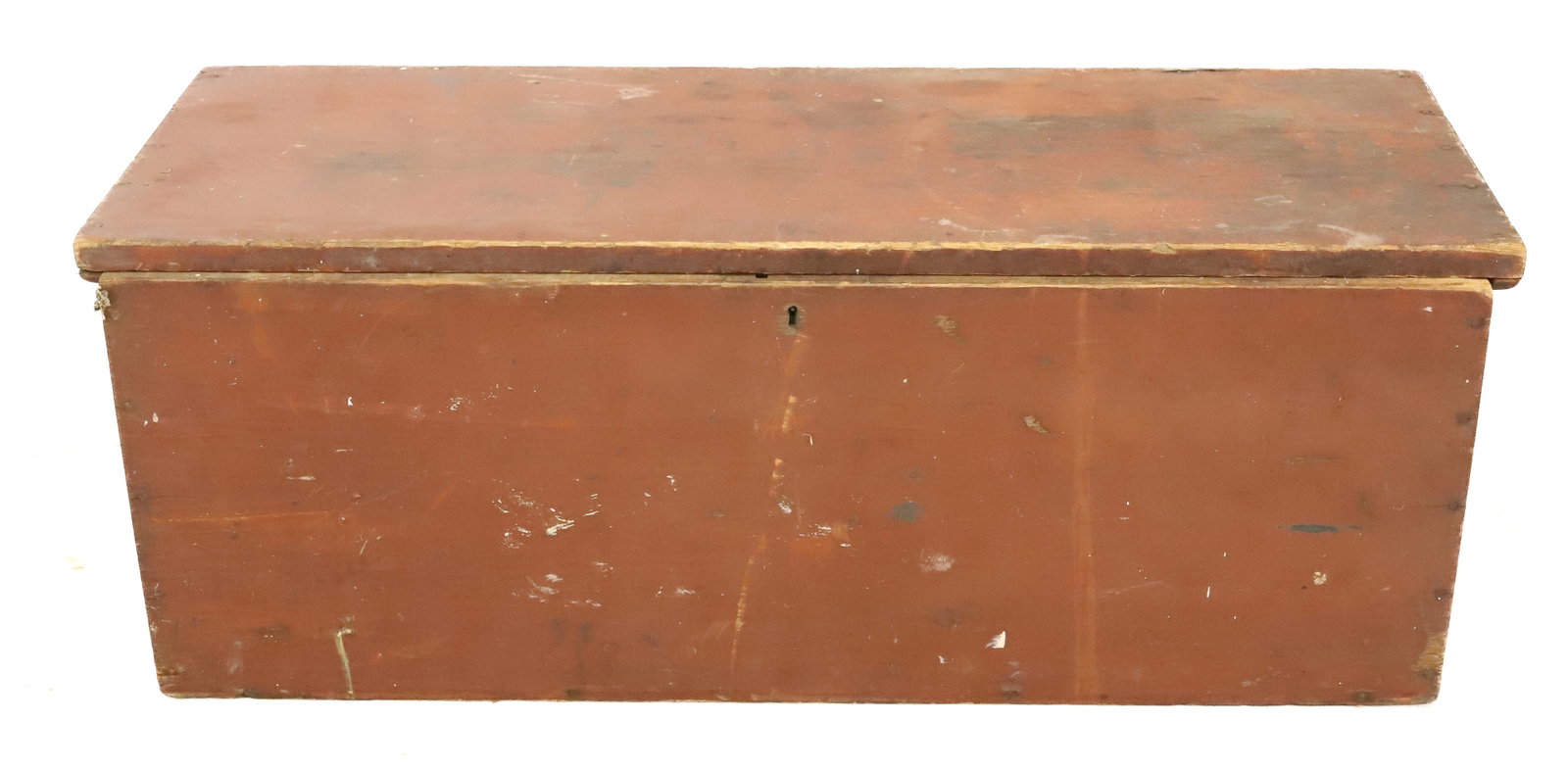 RED PAINTED BLANKET BOX: 19TH C. BOX W/ INTERIOR TILL. LID IS DETACHED FROM BASE. 13 1/2" X 36 1/2" X 13". PLEASE READ CAREFULLY - ITEMS MUST BE PAID FOR THROUGH LIVE AUCTIONEERS OR WITH CASH OR CHECK IN PERSON - Terms for Pu