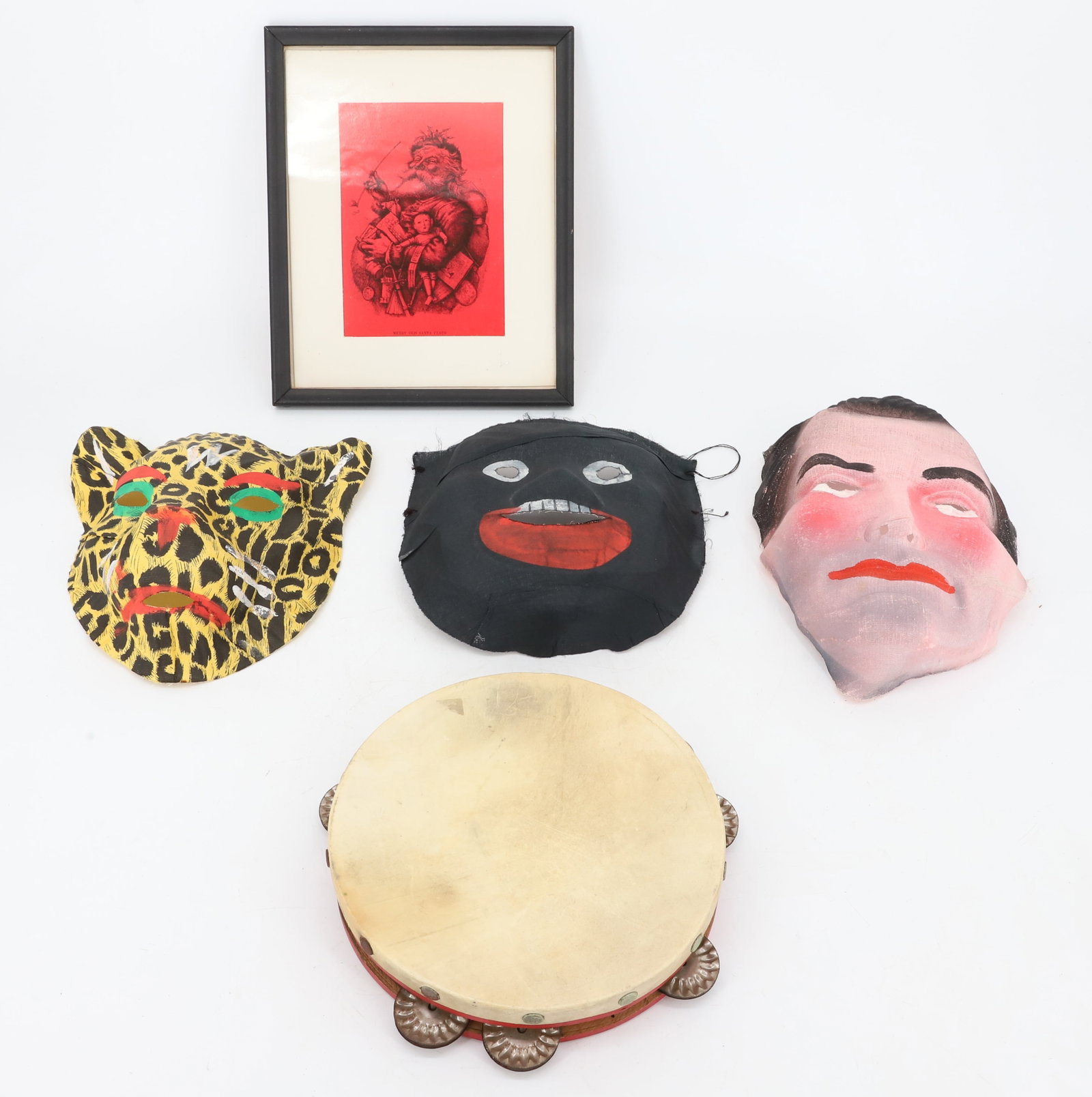 LOT OF HALLOWEEN MASKS, TAMBOURINE, FRAMED SANTA (1 of 6)