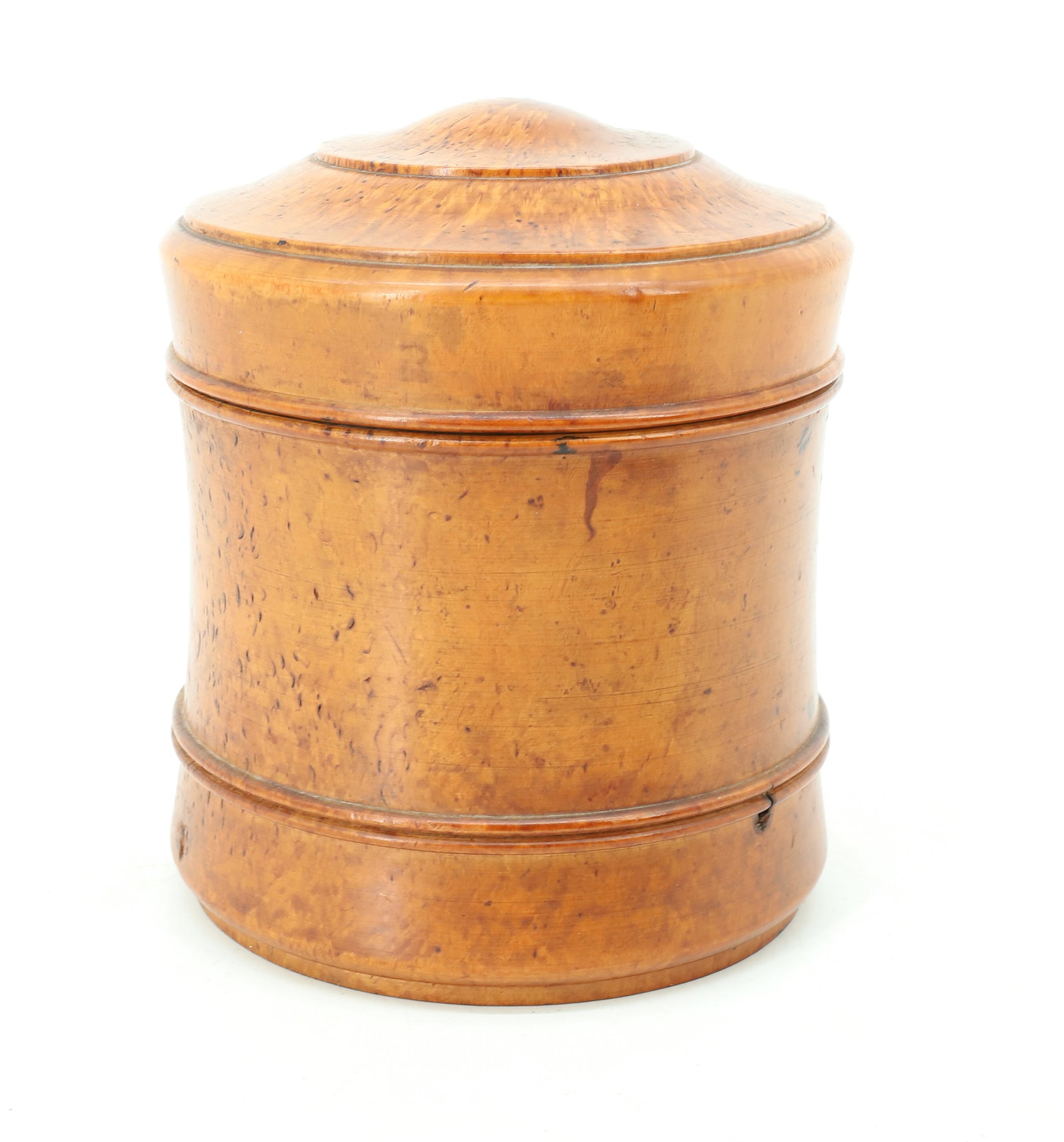 FIGURED MAPLE LIDDED CONTAINER: TURNED WOODEN CONTAINER WITH LID. 6 1/4" X 5". PLEASE READ CAREFULLY - ITEMS MUST BE PAID FOR THROUGH LIVE AUCTIONEERS OR WITH CASH OR CHECK IN PERSON - Terms for Purchasing and Shipping of Auction It