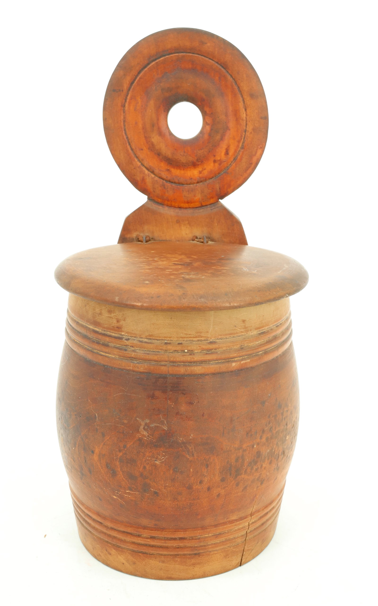 WOODEN SALT BOX: HANGING BARREL-SHAPED SALT BOX. HINGED LID. ROUND HANG HOLE. 10 1/2" H. PLEASE READ CAREFULLY - ITEMS MUST BE PAID FOR THROUGH LIVE AUCTIONEERS OR WITH CASH OR CHECK IN PERSON - Terms for Purchasing