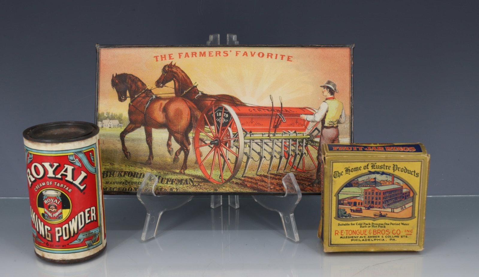 LOT OF ADVERTISING ITEMS: INCLUDING: FRAMED BUCKFORD & HUFFMAN GRAIN DRILL TRADE ADVERTISEMENT 5 1/8" X 8 3/4". ROYAL BAKING POWDER TIN AND LUSTRE MASON JAR RINGS BOX. PLEASE READ CAREFULLY - ITEMS MUST BE PAID FOR THROUGH