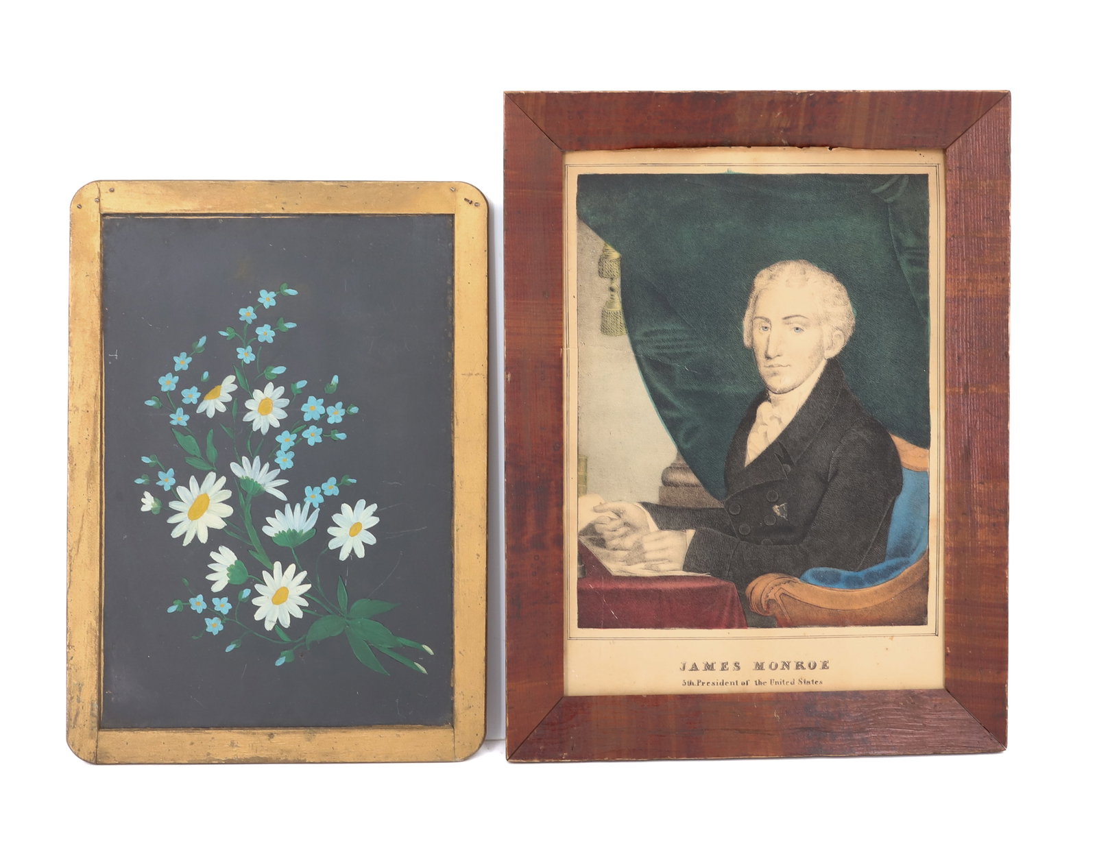 PRESIDENT MONROE LITHO AND PAINTED SLATE BOARD: JAMES MONROE, 5TH PRESIDENT OF THE UNITED STATES. FRAMED 16 3/4" X 12 1/2". WITH, FLORAL PAINTED SKATEBOARD (SGND. GEORGE HOLMES, FOREST CITY, PA). PLEASE READ CAREFULLY - ITEMS MUST BE PAID FOR