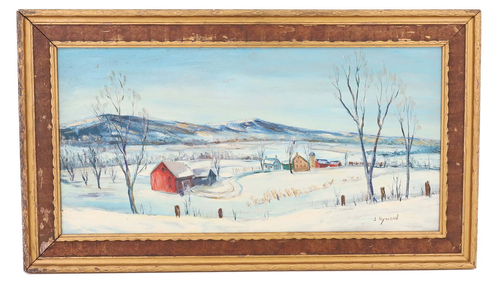 BLOOMSBURG, NY OIL PAINTING, RYMOND: COUNTRY WINTER SCENE. SGND. BOTTOM RIGHT. FRAMED. 13 1/2" X 23 1/4". PLEASE READ CAREFULLY - ITEMS MUST BE PAID FOR THROUGH LIVE AUCTIONEERS OR WITH CASH OR CHECK IN PERSON - Terms for Purchasing and