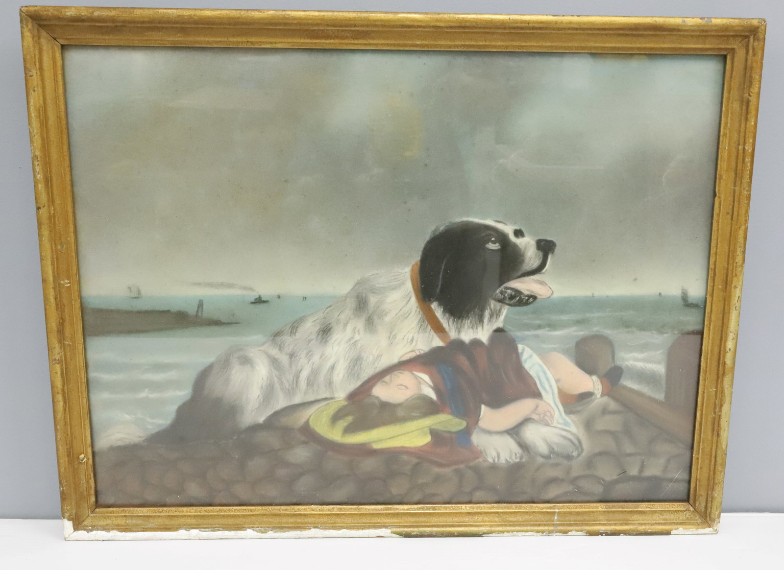 PASTEL ON PAPER, AFTER-SIR EDWIN LANDSEER: SAVED DEPICTING A DOG WITH RESCUED GIRL. FRAMED UNDER GLASS. TOTAL SIZE 16 1/2" X 21 1/4". PLEASE READ CAREFULLY - ITEMS MUST BE PAID FOR THROUGH LIVE AUCTIONEERS OR WITH CASH OR CHECK IN PERSON -