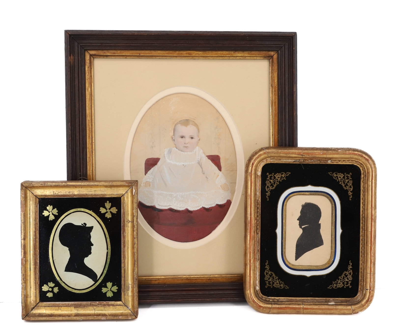 MONROE COUNTY, PA PORTRAIT AND SILHOUETTES: FRAMED WATERCOLOR OF CHILD (IDENTIFIED AS CHILD FROM STROUDSBURG / EAST STROUDSBURG FAMILY, ROBERT YOUNG - DIED YOUNG" 12 3/4" X 10 3/4". WITH, TWO SILHOUETTES UNDER REVERSE PAINTED GLASS. GOLD